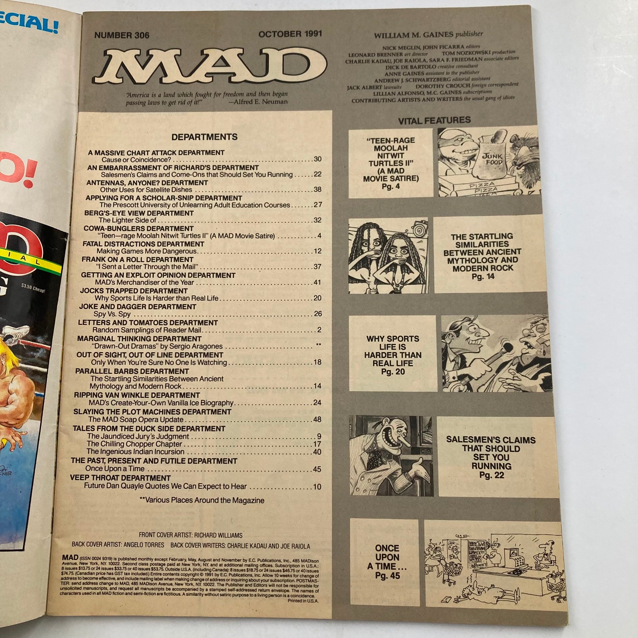 Mad Magazine October 1991 No. 306 Mock Ninja Turtles 6.0 FN Fine No Label