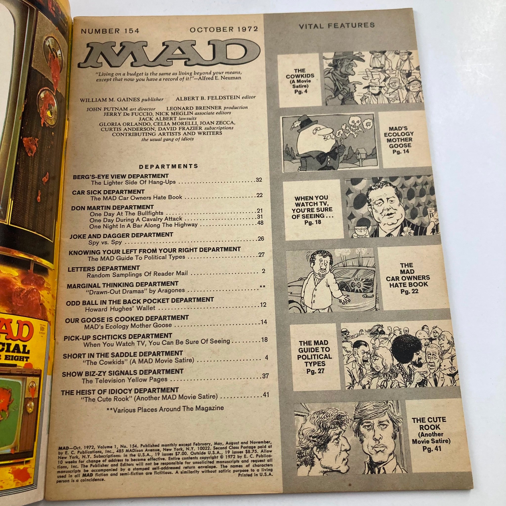 Mad Magazine October 1972 No. 154 Guide To Political Types 6.0 FN Fine No Label