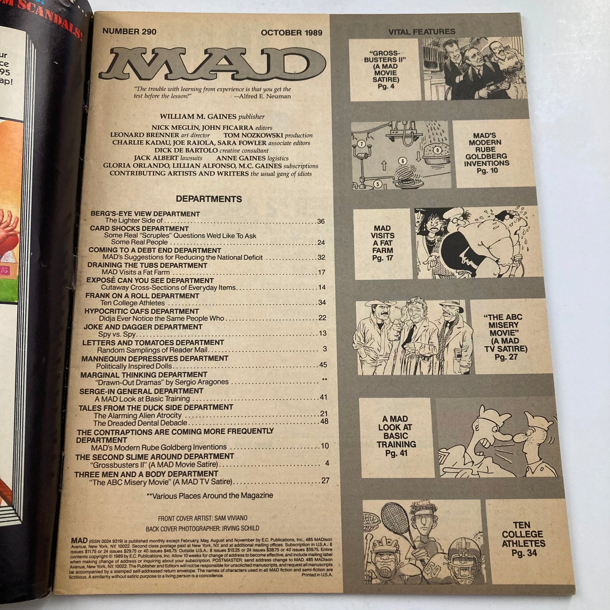 Inside page of Mad Magazine October 1989 No. 290 displaying the table of contents, highlighting various features and departments in the magazine.