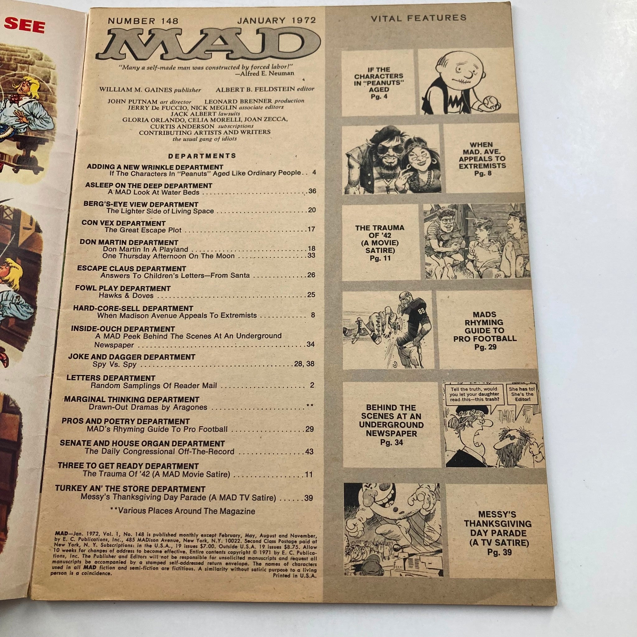 Mad Magazine January 1972 No. 148 Guide to Pro Football 6.0 FN Fine No Label