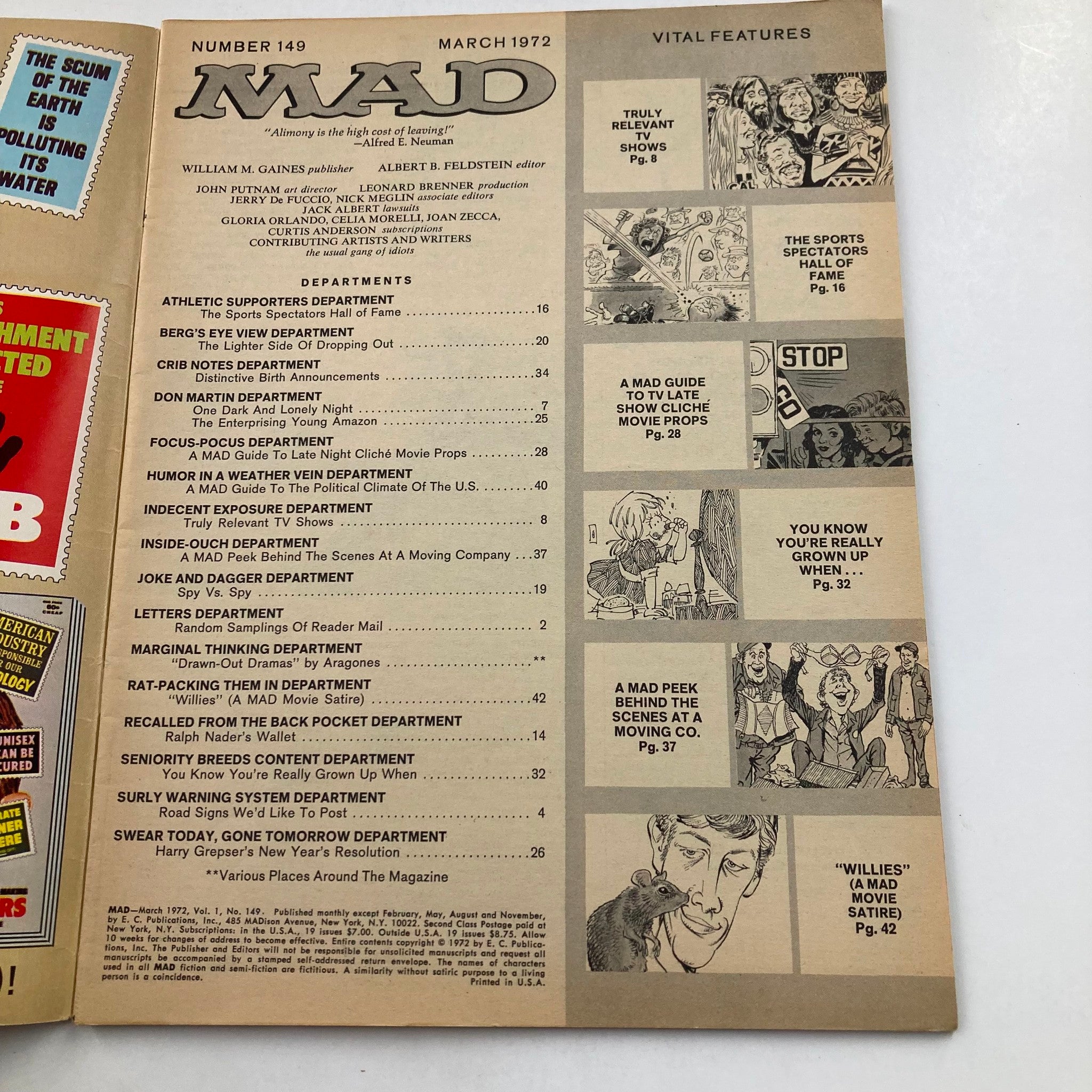 Mad Magazine March 1972 No. 149 Alfred Tear Up Willard 6.0 FN Fine No Label