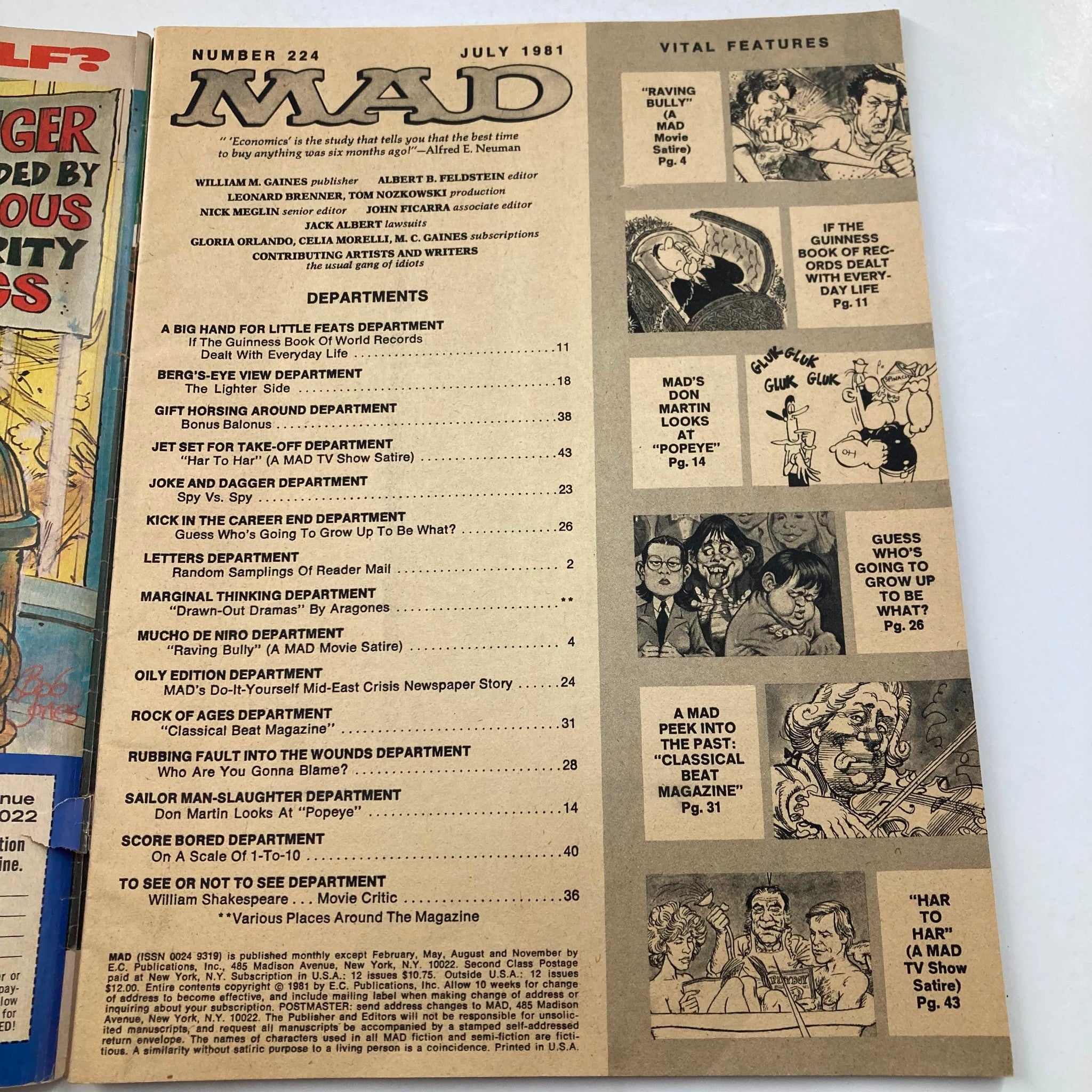 Mad Magazine July 1981 No. 224 Don Martin Looks at Popeye 6.0 FN Fine No Label