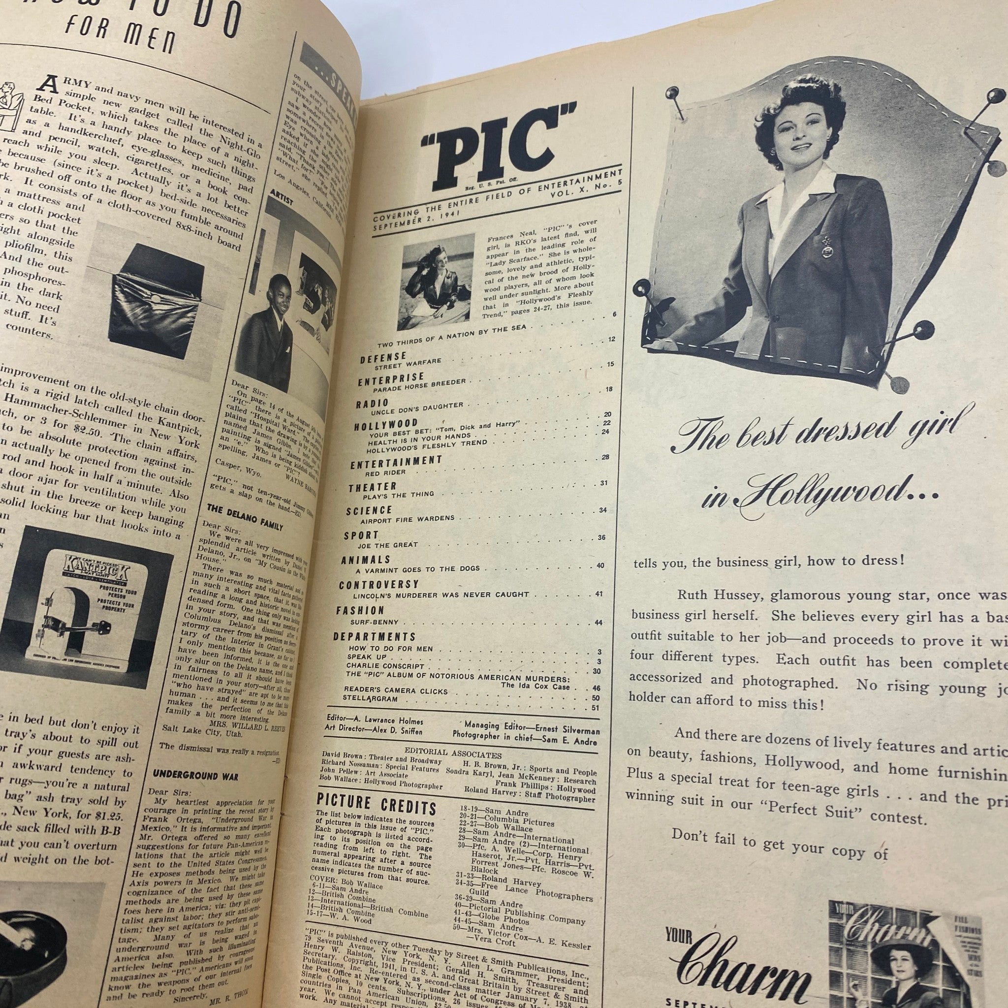 Another interior page from Vintage Pic Magazine September 2, 1941, highlighting various entertainment sections and fashion advice with a focus on Hollywood.