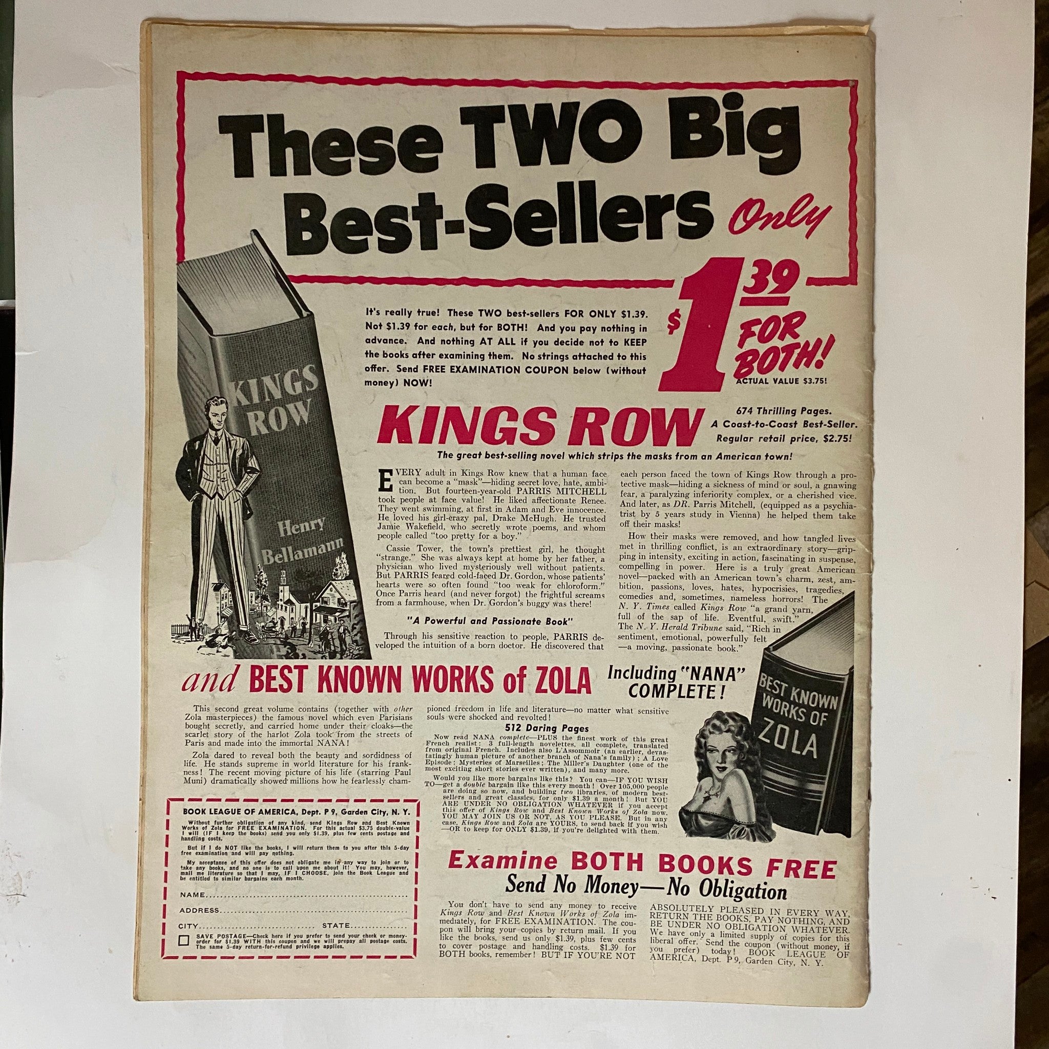 Advertisement page in Vintage Pic Magazine September 2, 1941, showing promotional offers for best-selling books, including 'Kings Row' and other notable works.