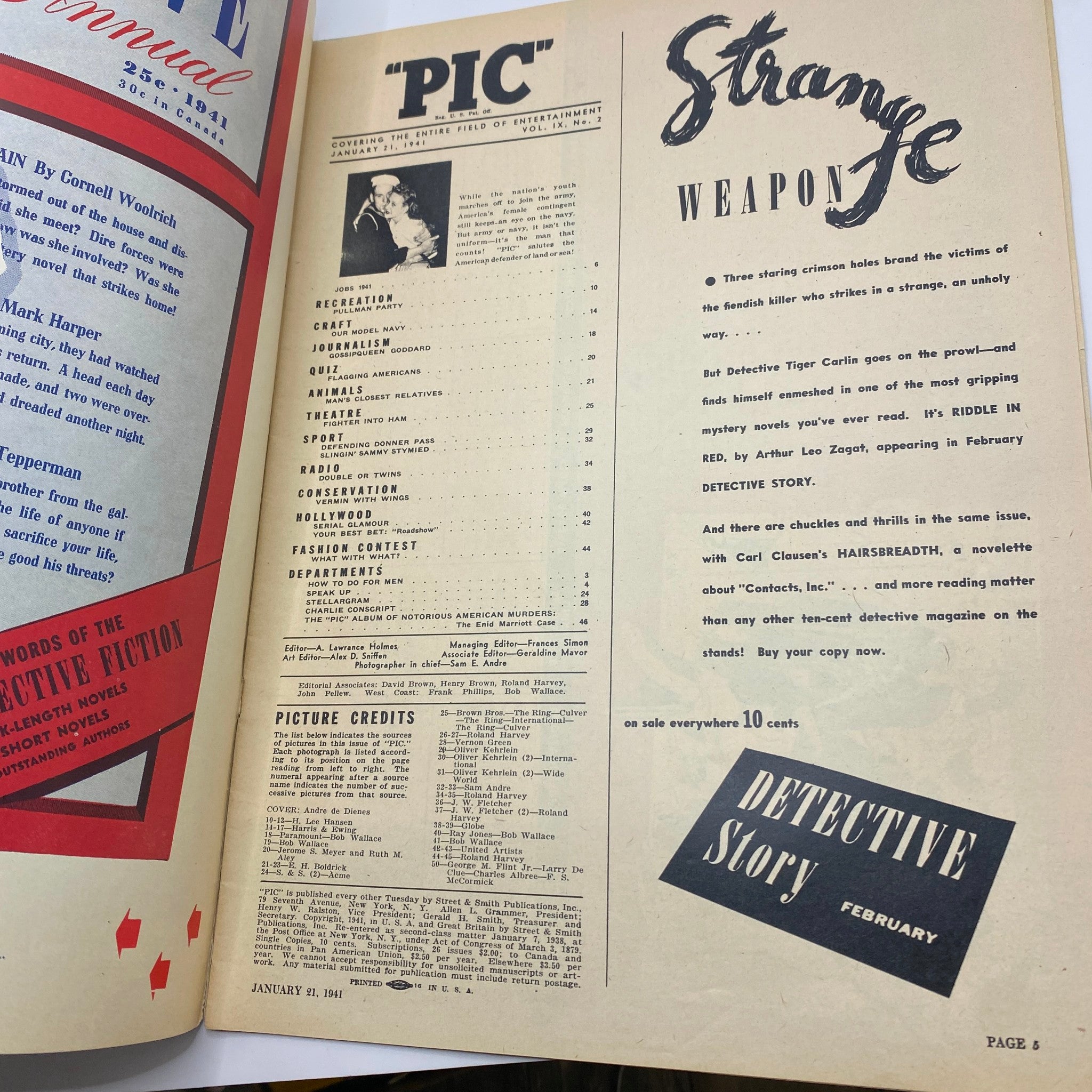 Interior page of Vintage Pic Magazine dated January 21, 1941, displaying the table of contents and highlighting various entertainment topics.