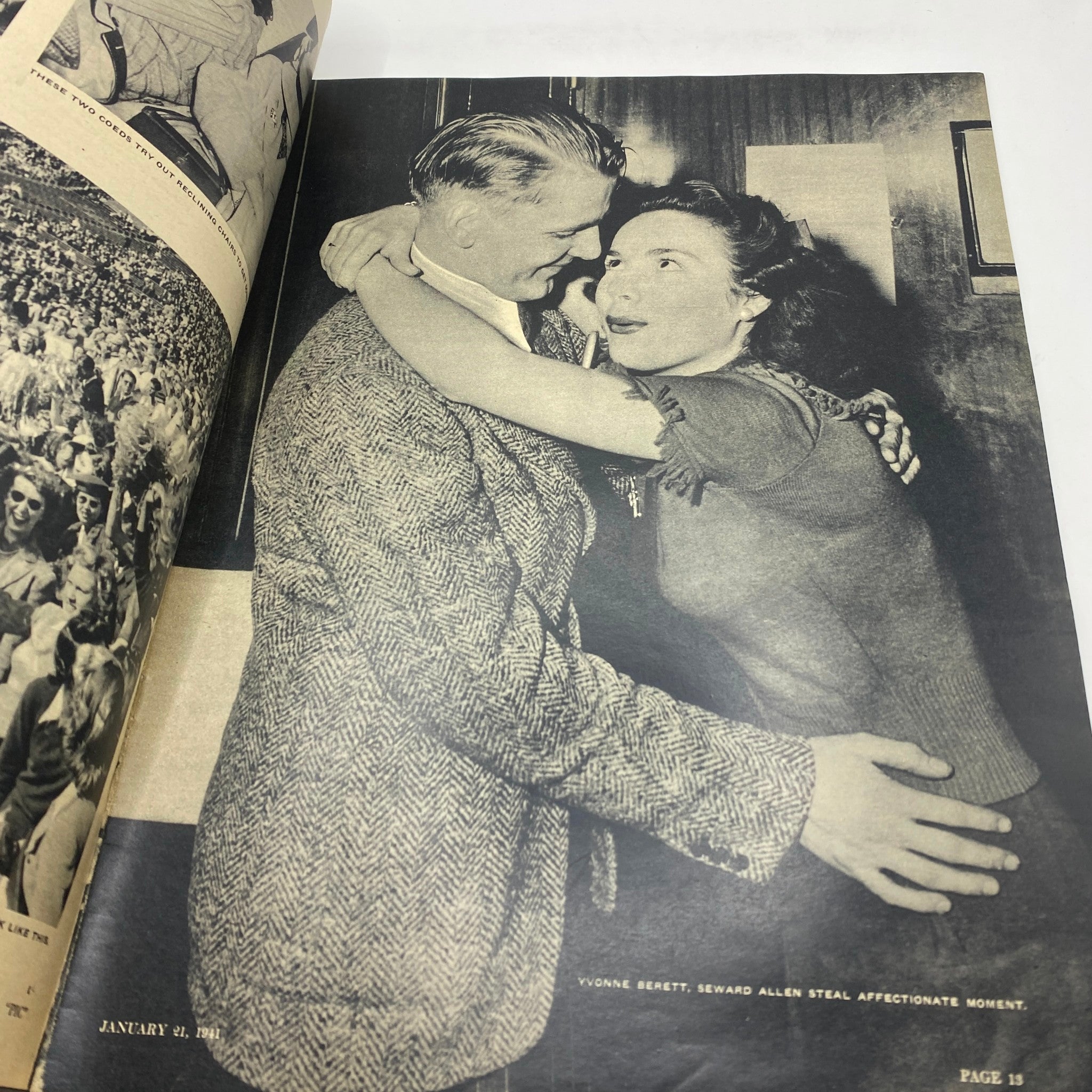 A black and white photo page from Vintage Pic Magazine, showcasing a joyful moment between a couple, dated January 21, 1941.