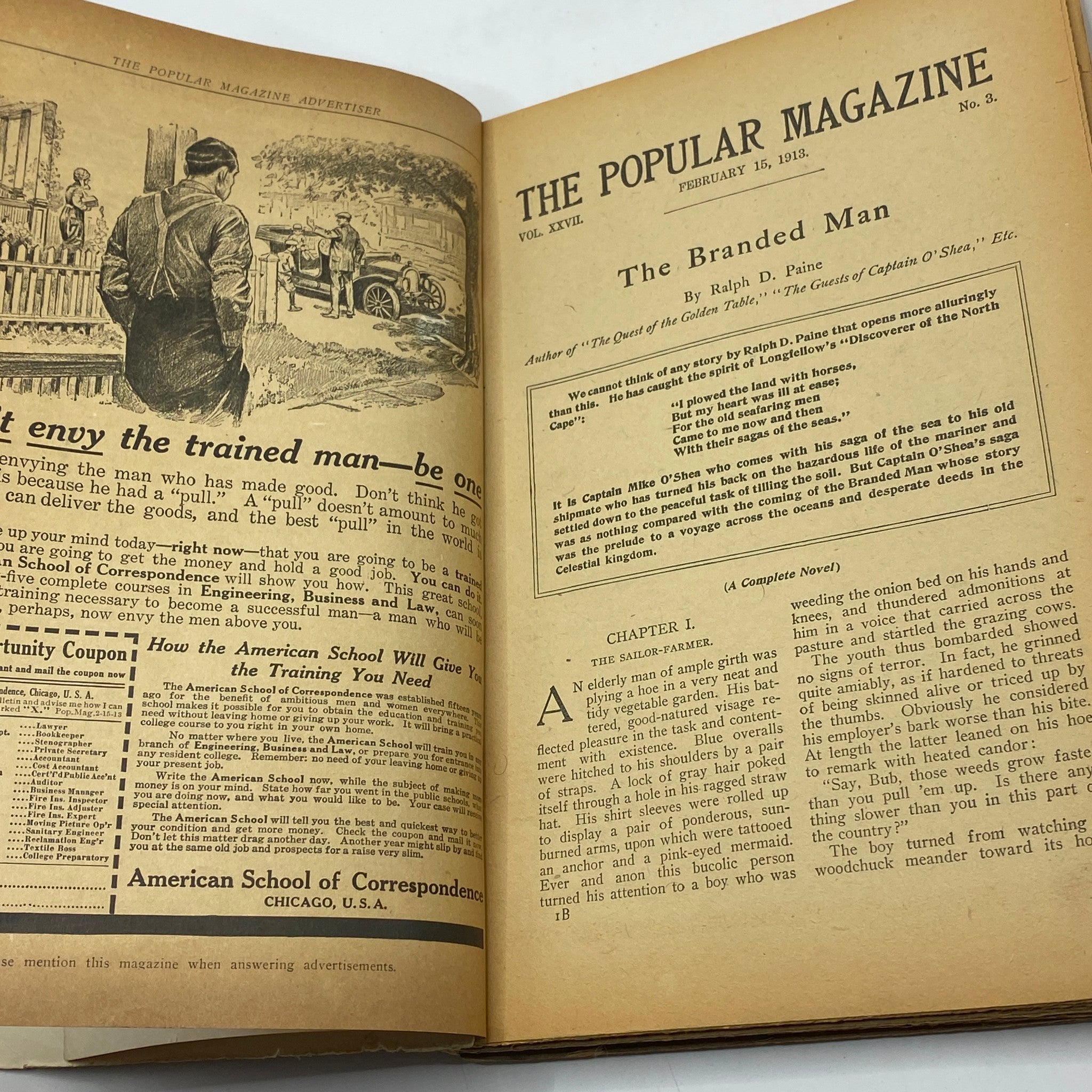 The opening page of the story 'The Branded Man' in VTG The Popular Magazine February 15, 1913, including illustrations and introductory text.