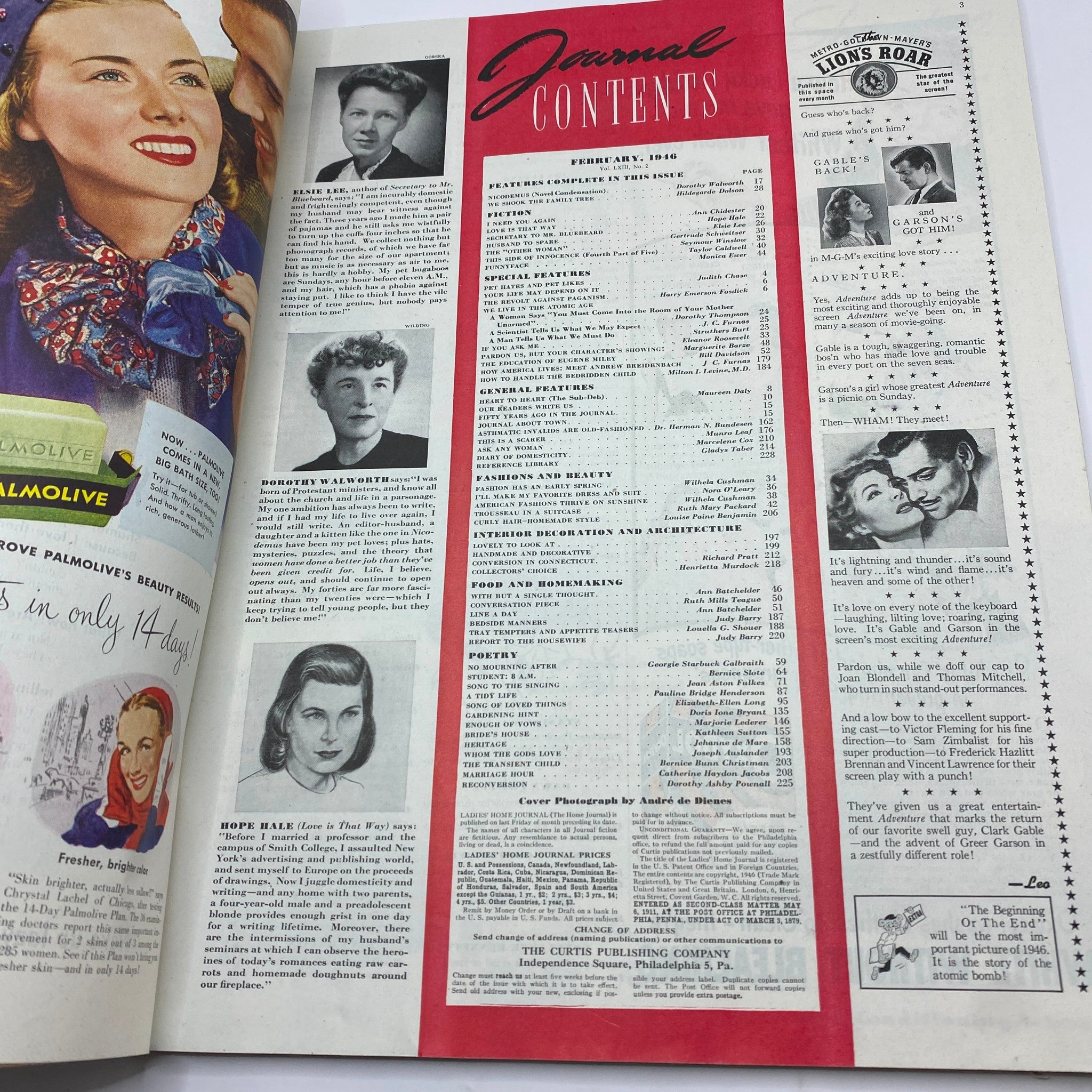 Contents page of the Ladies' Home Journal Magazine February 1946, detailing featured articles and special sections, reflecting post-war American culture and women's roles.