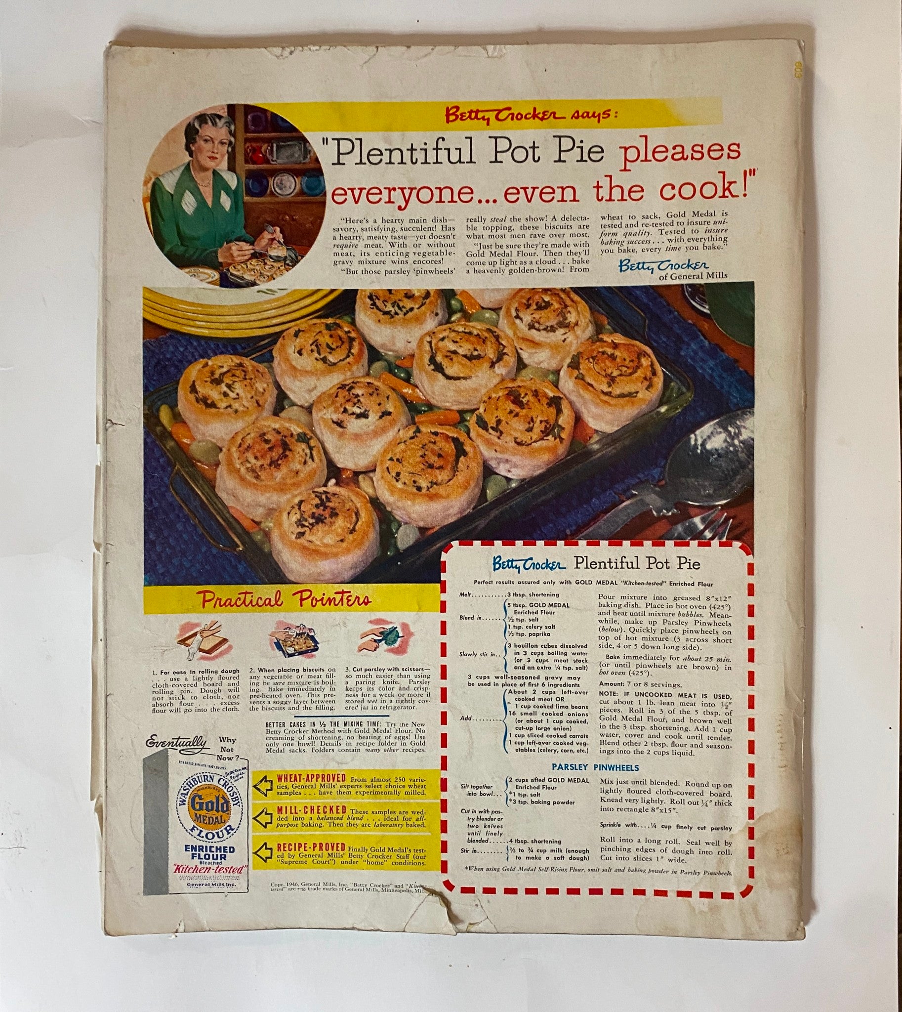 Back cover of the Ladies' Home Journal Magazine February 1946, showcasing an advertisement for Betty Crocker's 'Plentiful Pot Pie' with a delicious visual of the dish, capturing vintage culinary appeal.