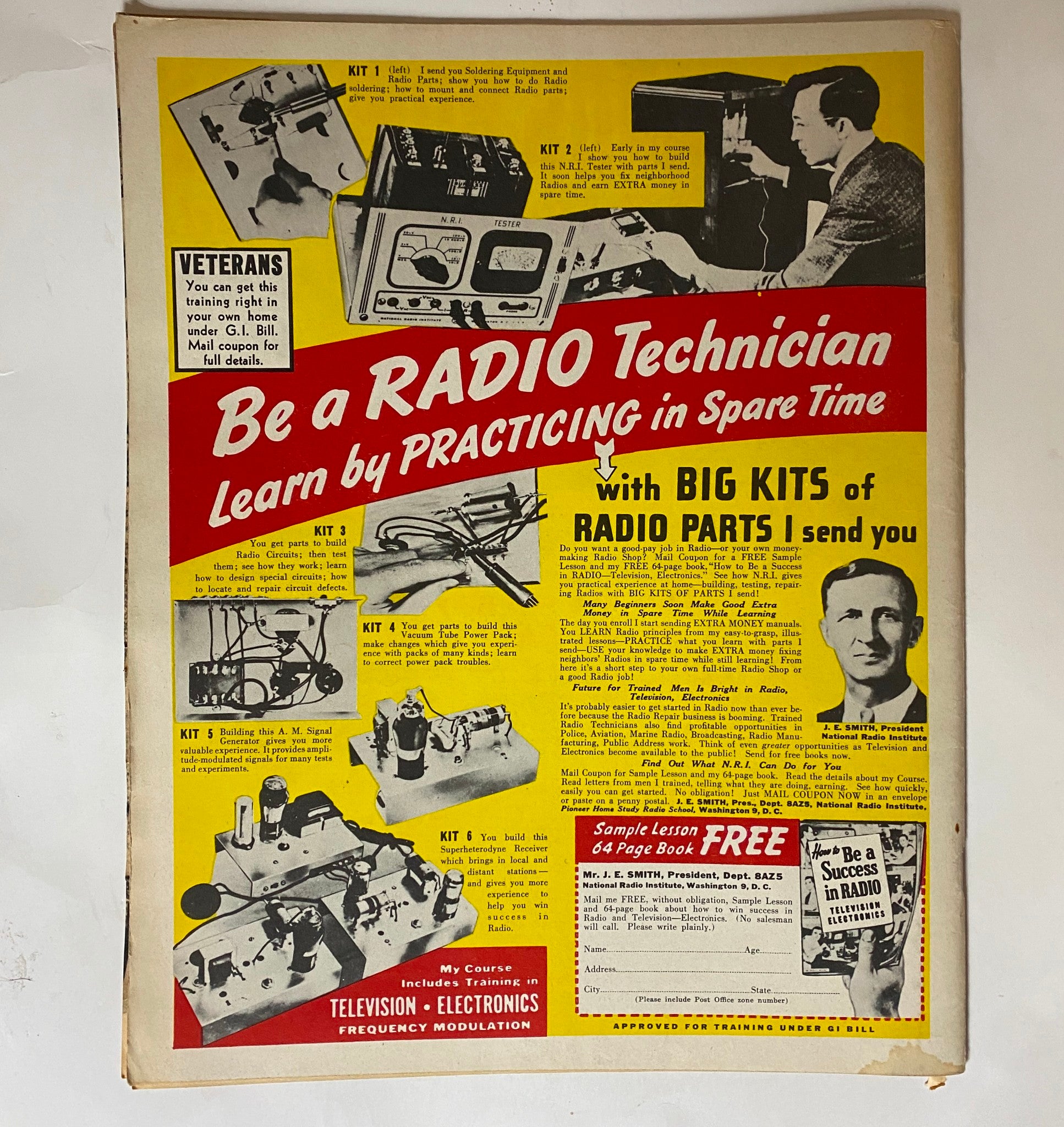 Back cover of the VTG See Magazine January 1948 Vol 7 No. 1 highlighting an advertisement for radio technician training courses, featuring vintage images and bold typography.