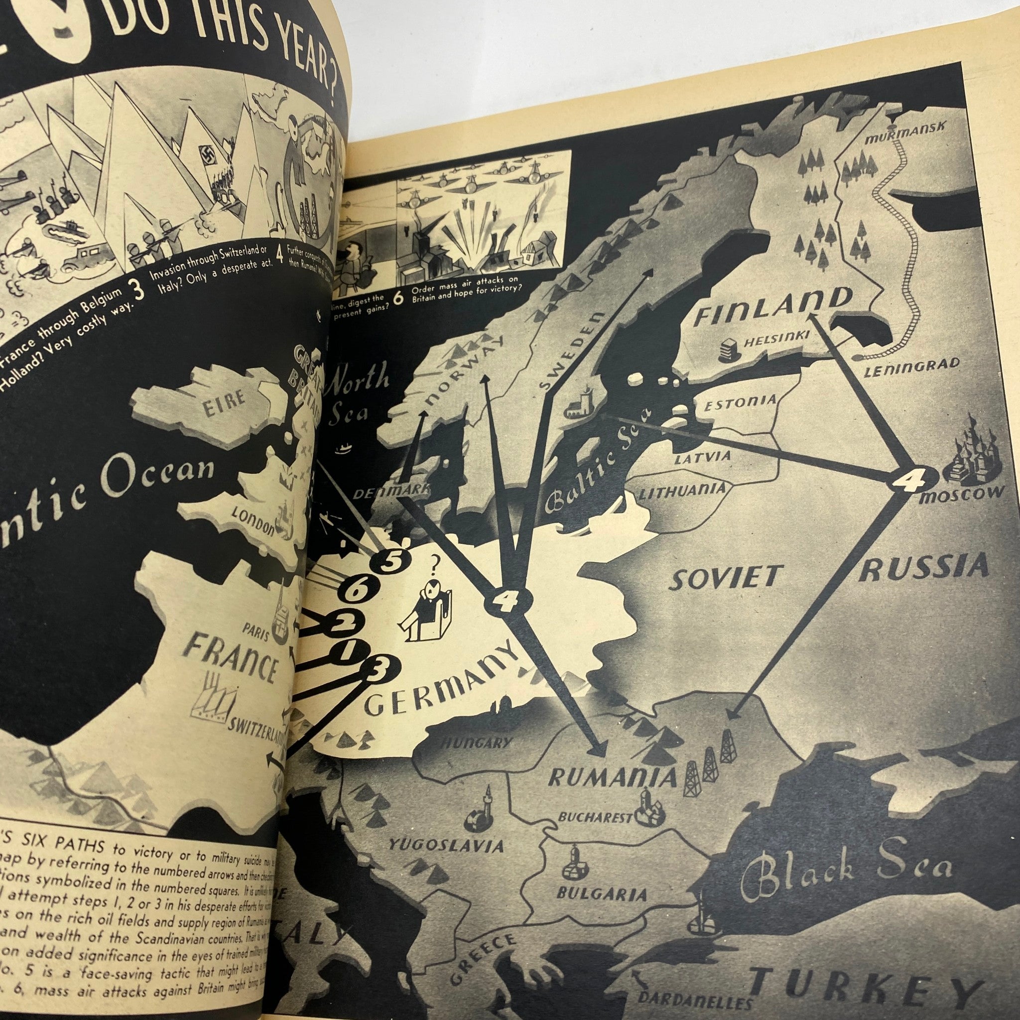 Vintage map illustration from VTG Click Magazine March 1940 Vol 3 No. 2, depicting a detailed geographical layout of Europe with connections highlighted for military strategies during WWII.