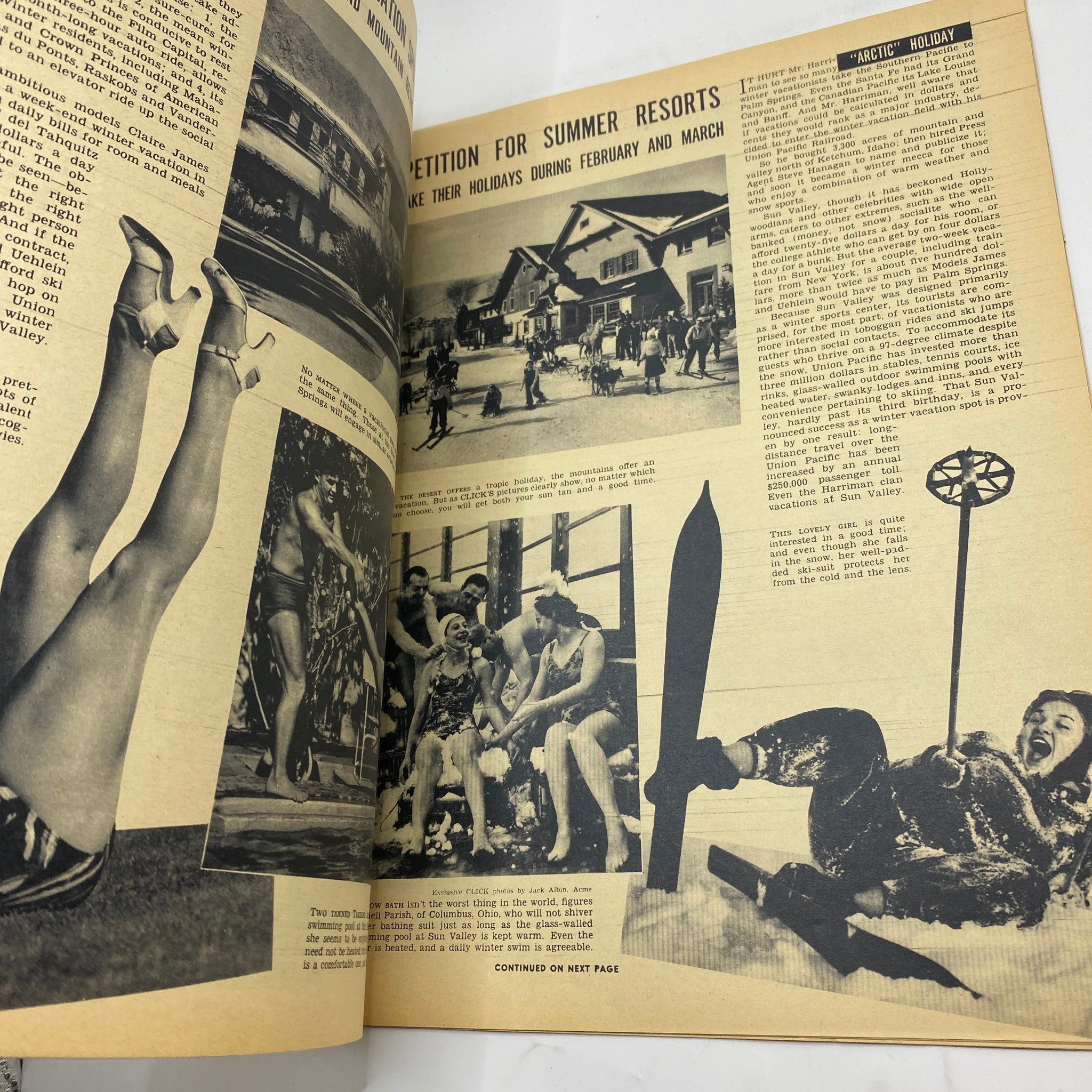 Historical images featured in VTG Click Magazine March 1940 Vol 3 No. 2, showcasing various winter vacation activities and advertisements for summer resorts during the early 1940s.