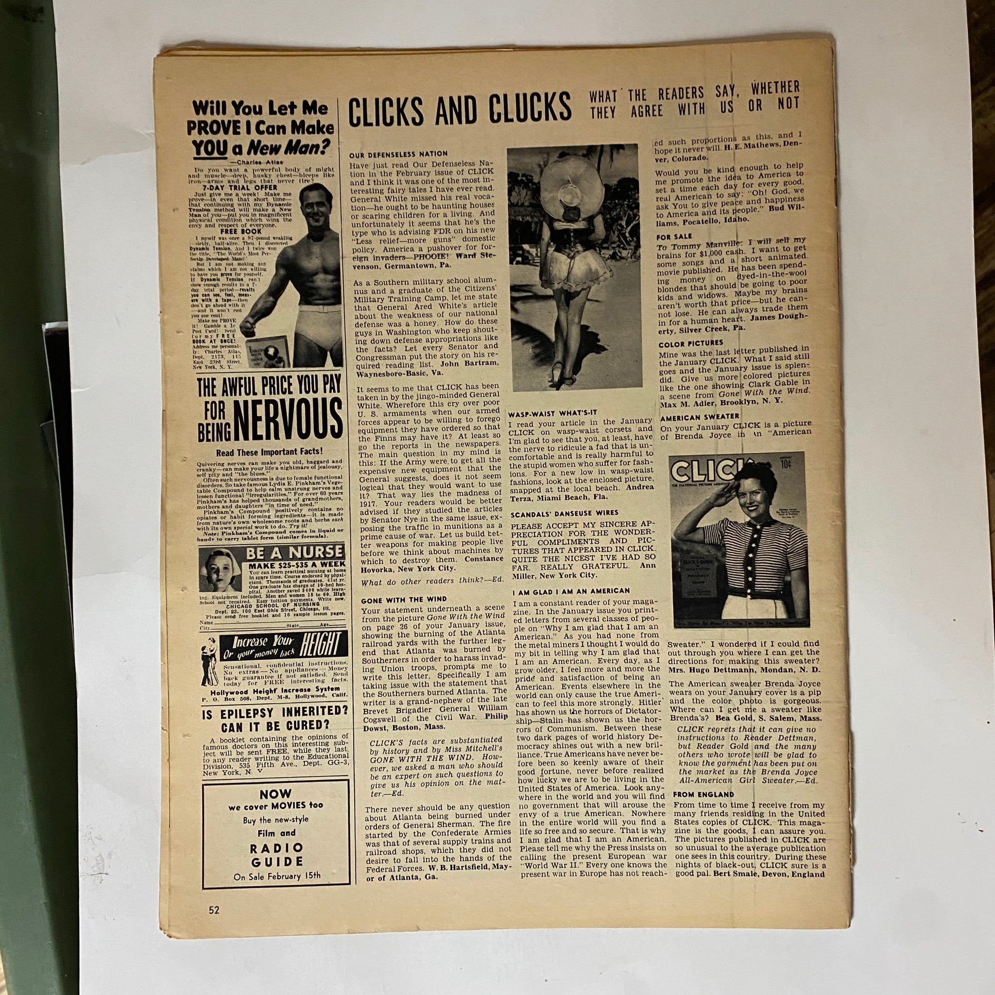 Content page of VTG Click Magazine March 1940 Vol 3 No. 2, displaying reader comments and articles on social topics relevant to the era, accompanied by a nostalgic vintage design.
