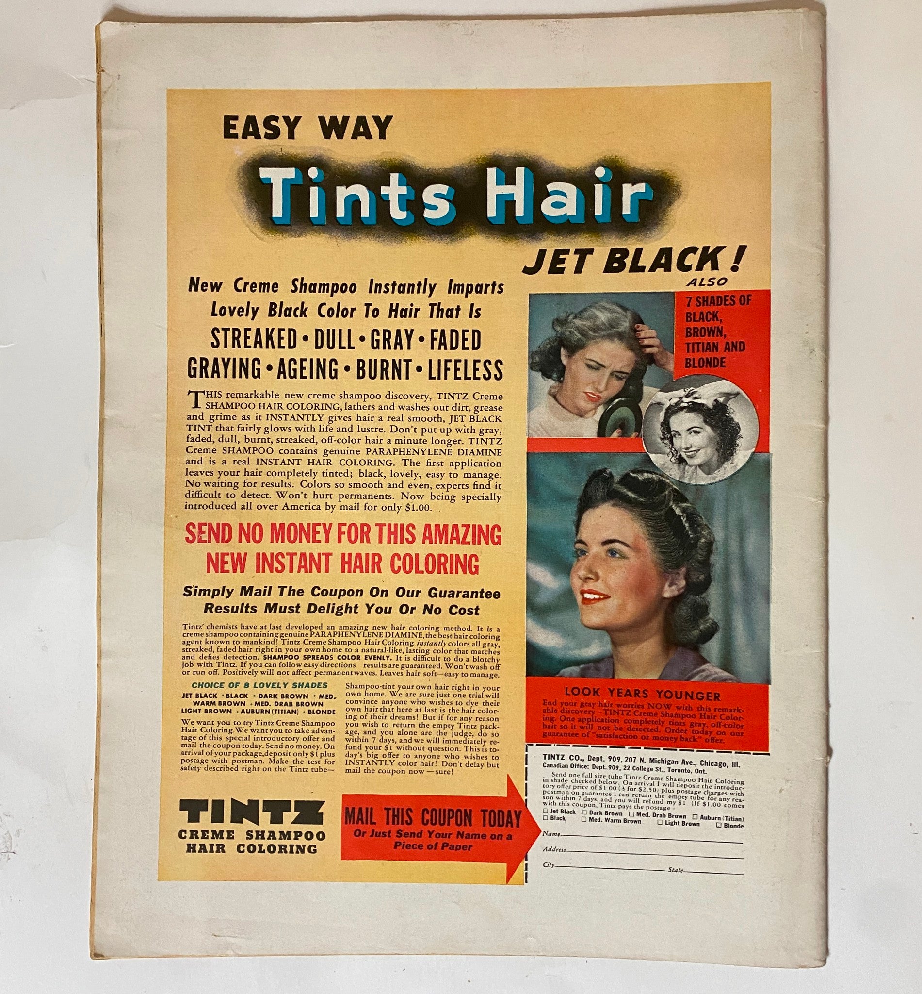 Back cover of the VTG Movie-Radio Guide Magazine January 4-10, 1941 promoting TINTZ hair coloring product, highlighting vintage advertisement style.