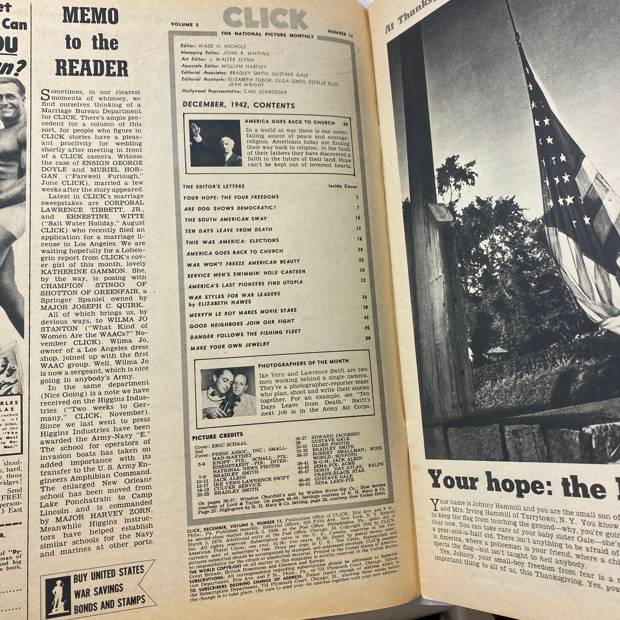 Interior contents page of VTG Click Magazine December 1942 highlighting articles such as 'America Goes Back to Church' and 'Are Dog Shows Democratic?'.