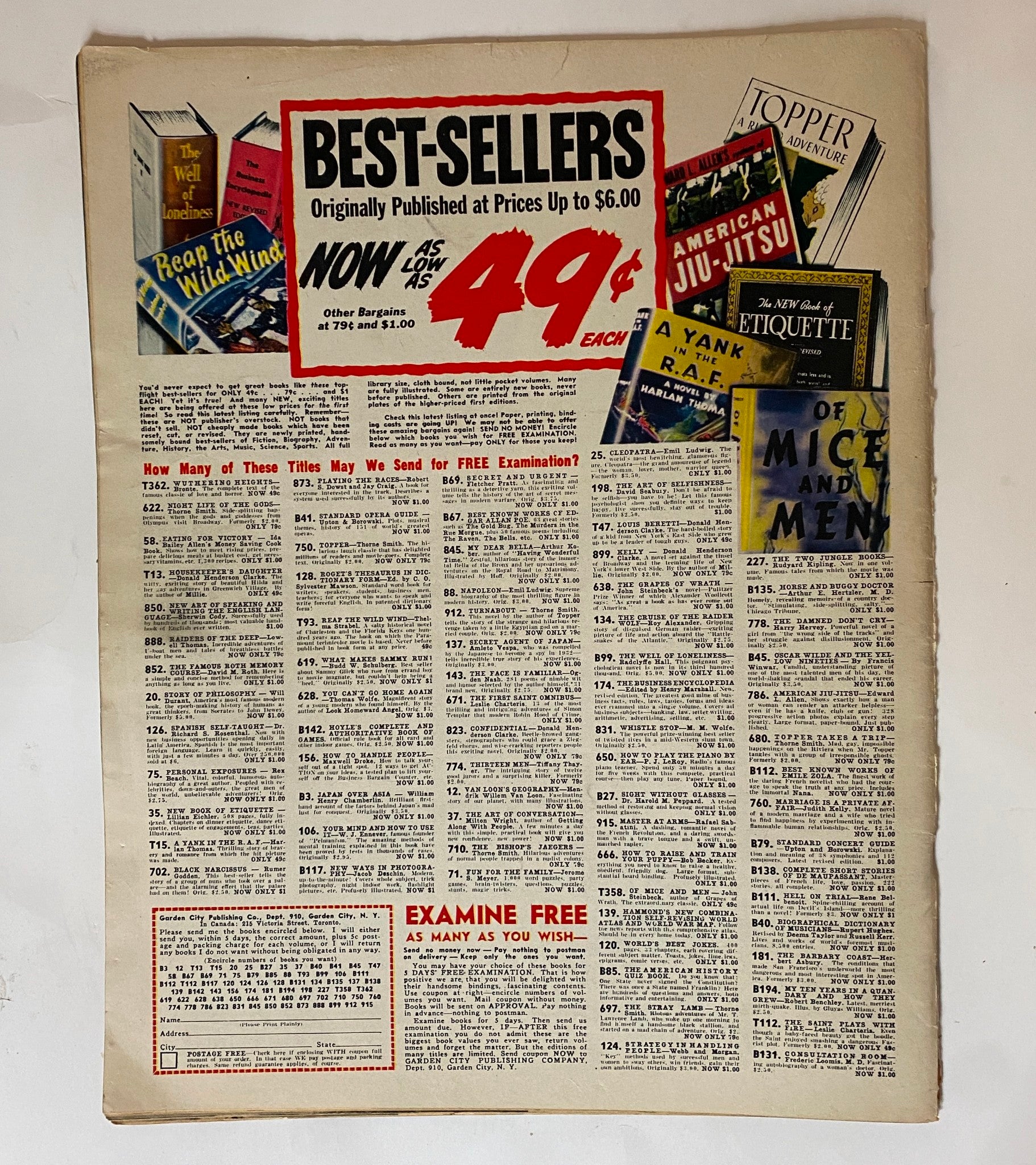Advertisement page from VTG Click Magazine December 1942 listing best-selling books and promotional offers, reflecting post-war consumer culture.