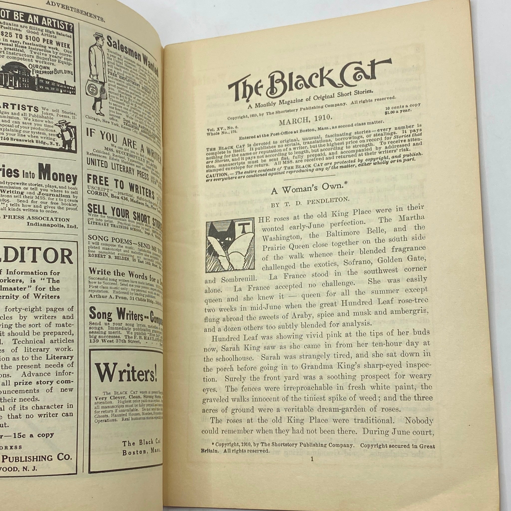 VTG The Black Cat Magazine March 1910 The Man with the Stick No Label