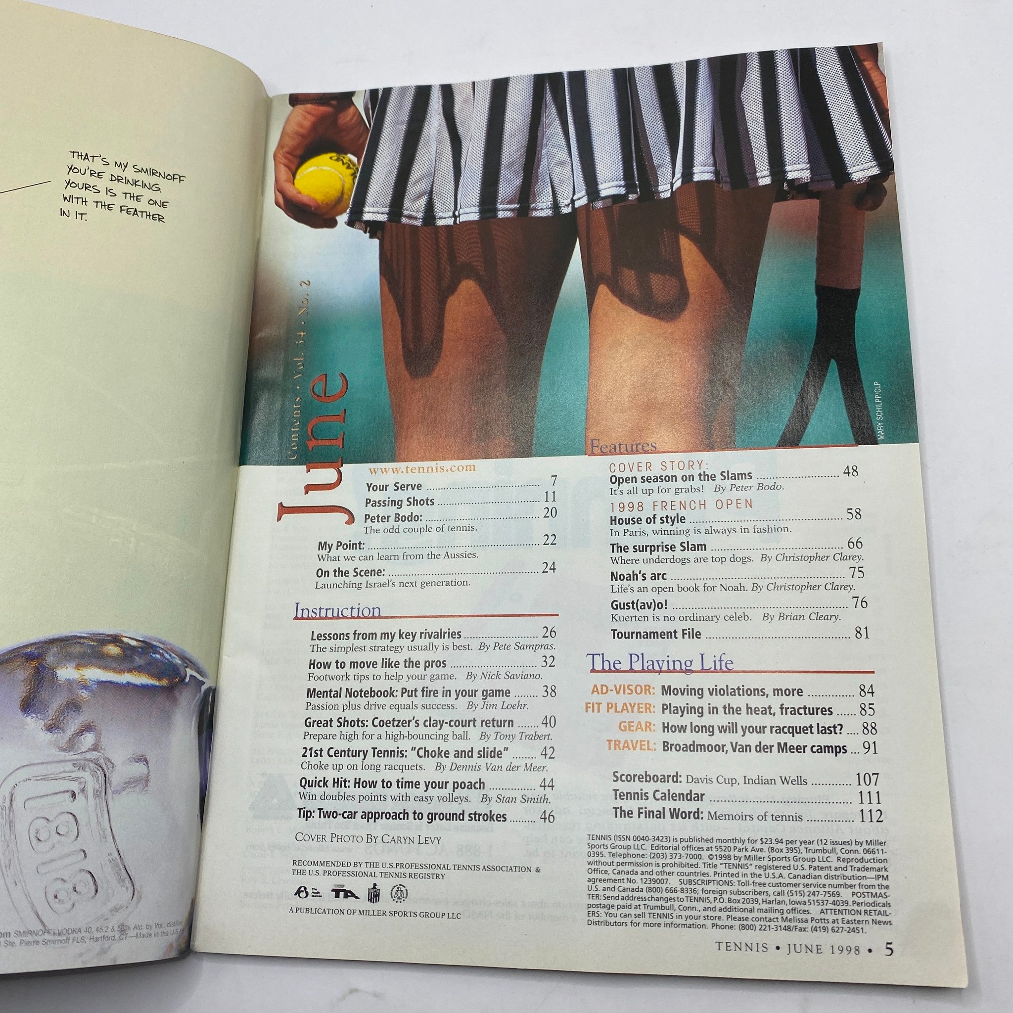 Inside page of Tennis Magazine June 1998, displaying the contents and features including articles on tennis strategies and the 1998 French Open.