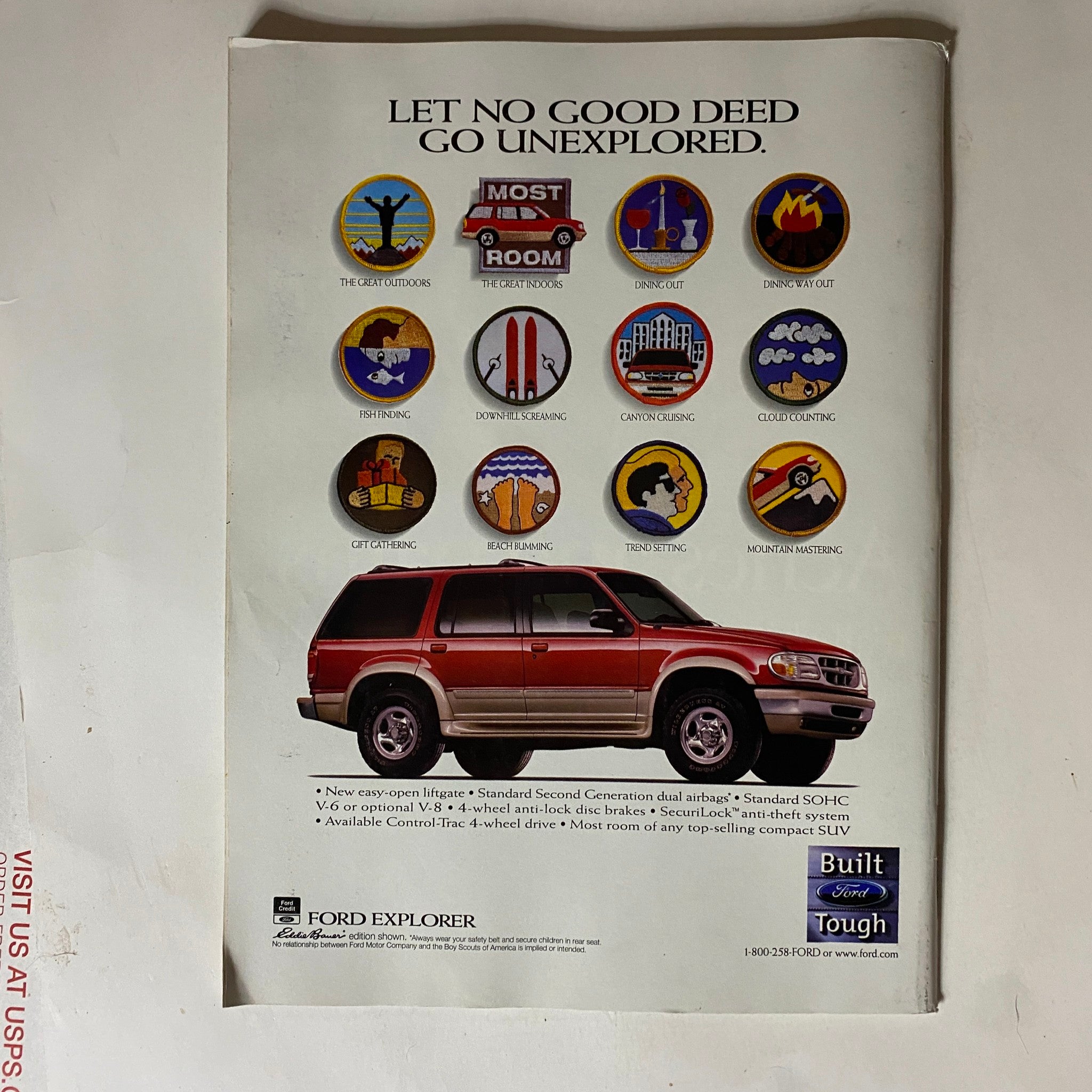 Advertisement featuring a red Ford Explorer from Ford, showcasing its features and capabilities. The ad includes various badges symbolizing activities such as fishing and dining. Accompanies the Tennis Magazine June 1998 with Marcelo Rios on the cover, titled 'Open Season'.