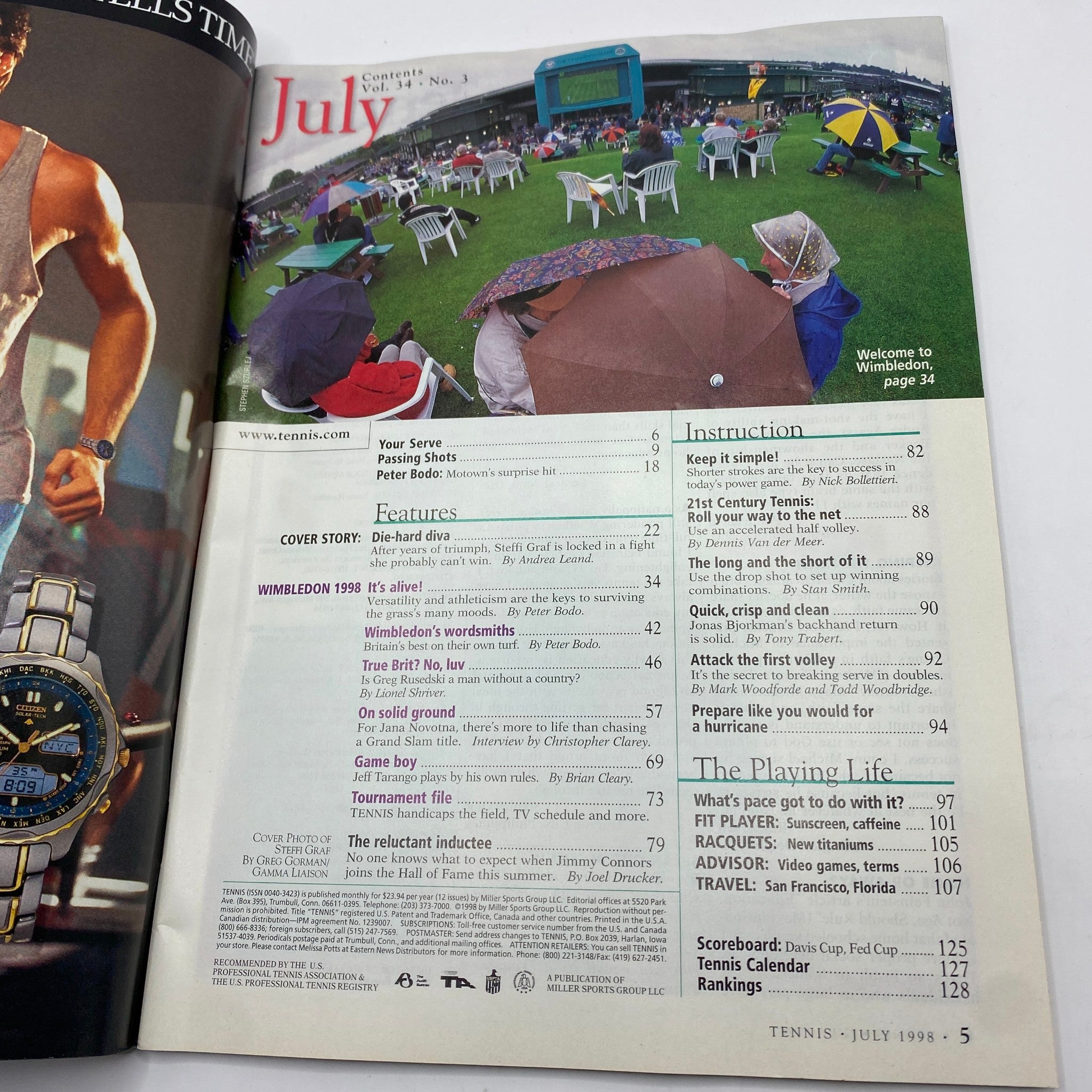 Inside page of Tennis Magazine July 1998 showing the contents section. Highlights include coverage of Wimbledon 1998 and featured articles, perfect for collectors and tennis enthusiasts.
