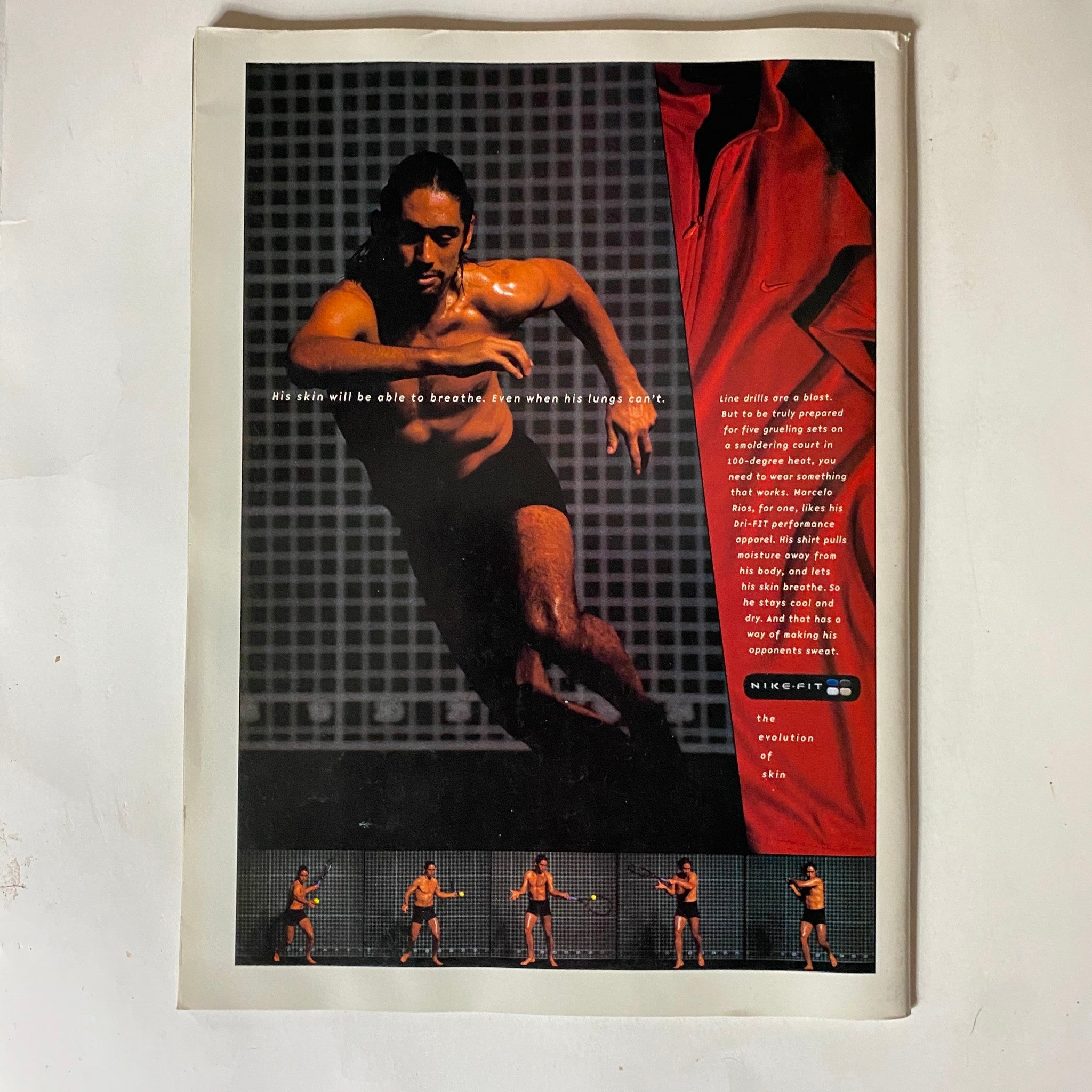 Advertisement page from Tennis Magazine July 1998 promoting Nike-Fit with a focus on athlete performance, showcasing a sporty male figure in action, adding to the magazine's appeal for sports gear enthusiasts.