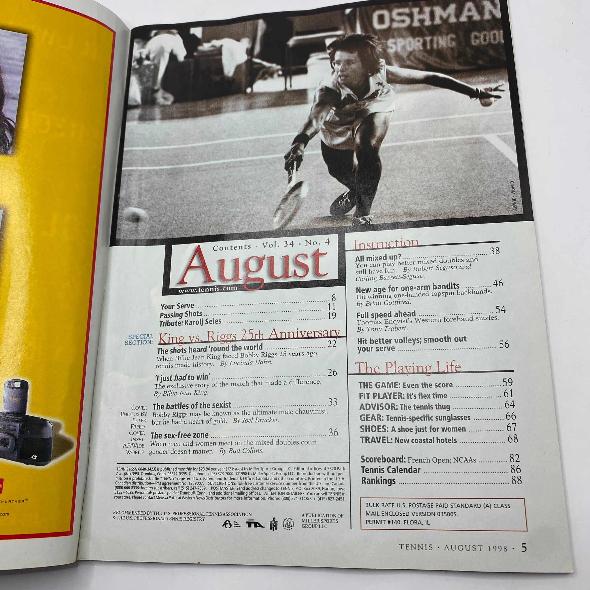 Contents page of Tennis Magazine August 1998 Vol 34 No. 4 featuring Billie Jean King, highlighting articles and sections related to competitive tennis and the King vs. Riggs 25th Anniversary.