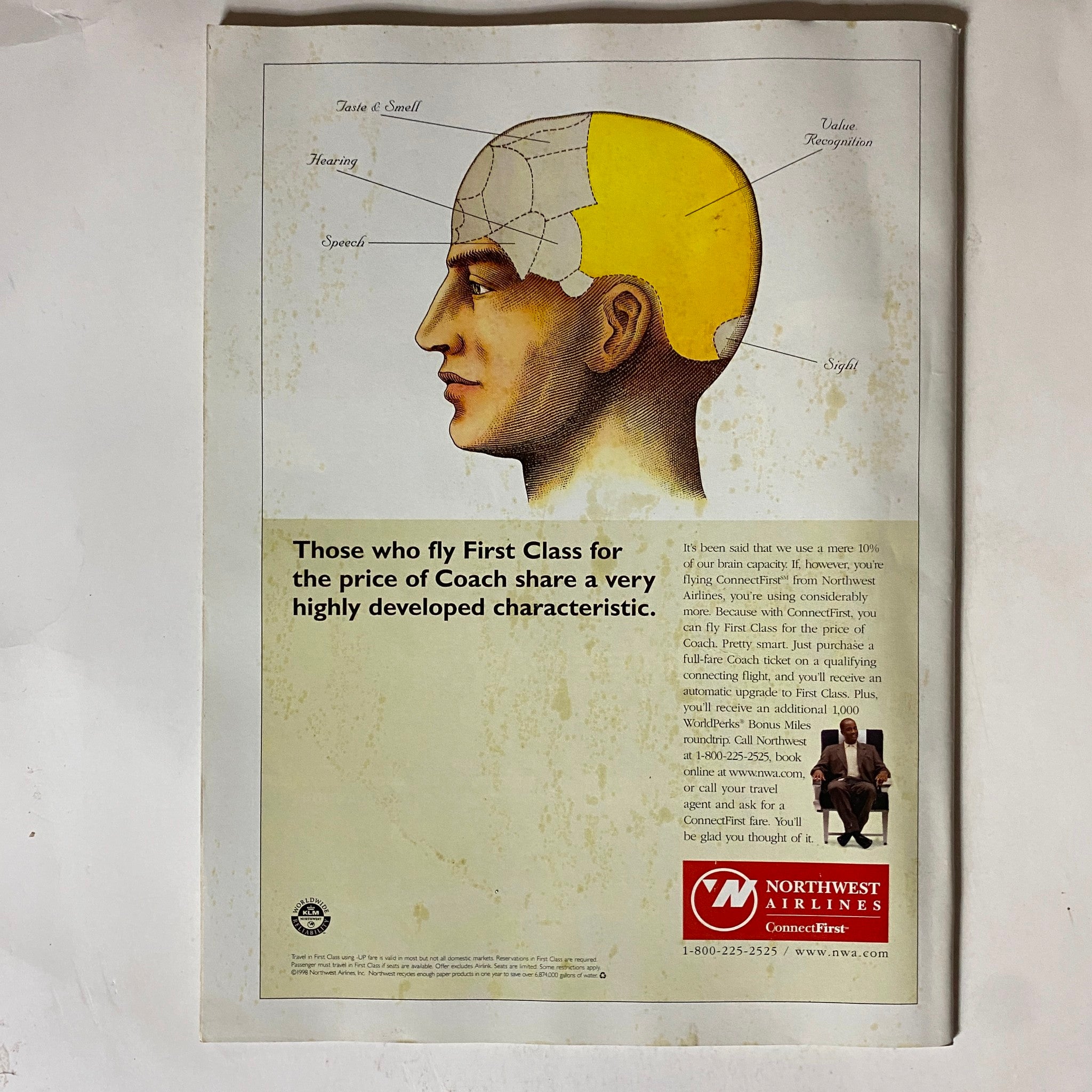 Advertisement from the back cover of Tennis Magazine August 1998 Vol 34 No. 4 for Northwest Airlines, discussing the benefits of flying first class.