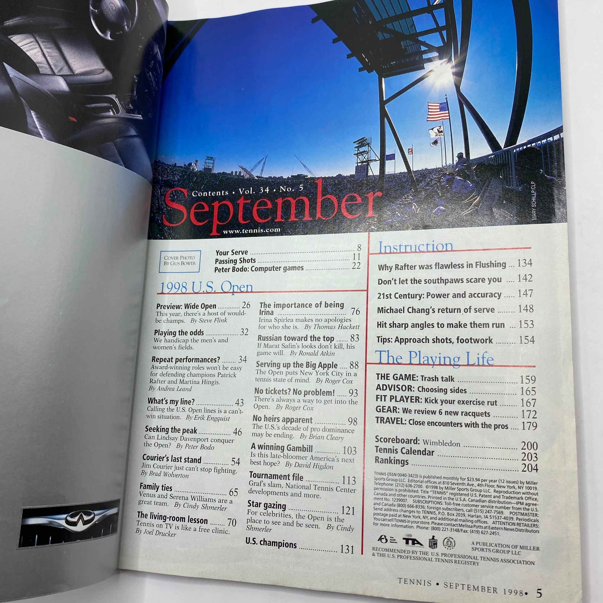 Contents page of Tennis Magazine September 1998 Vol 34 No. 5, detailing articles and features on the U.S. Open and tennis topics of the era.