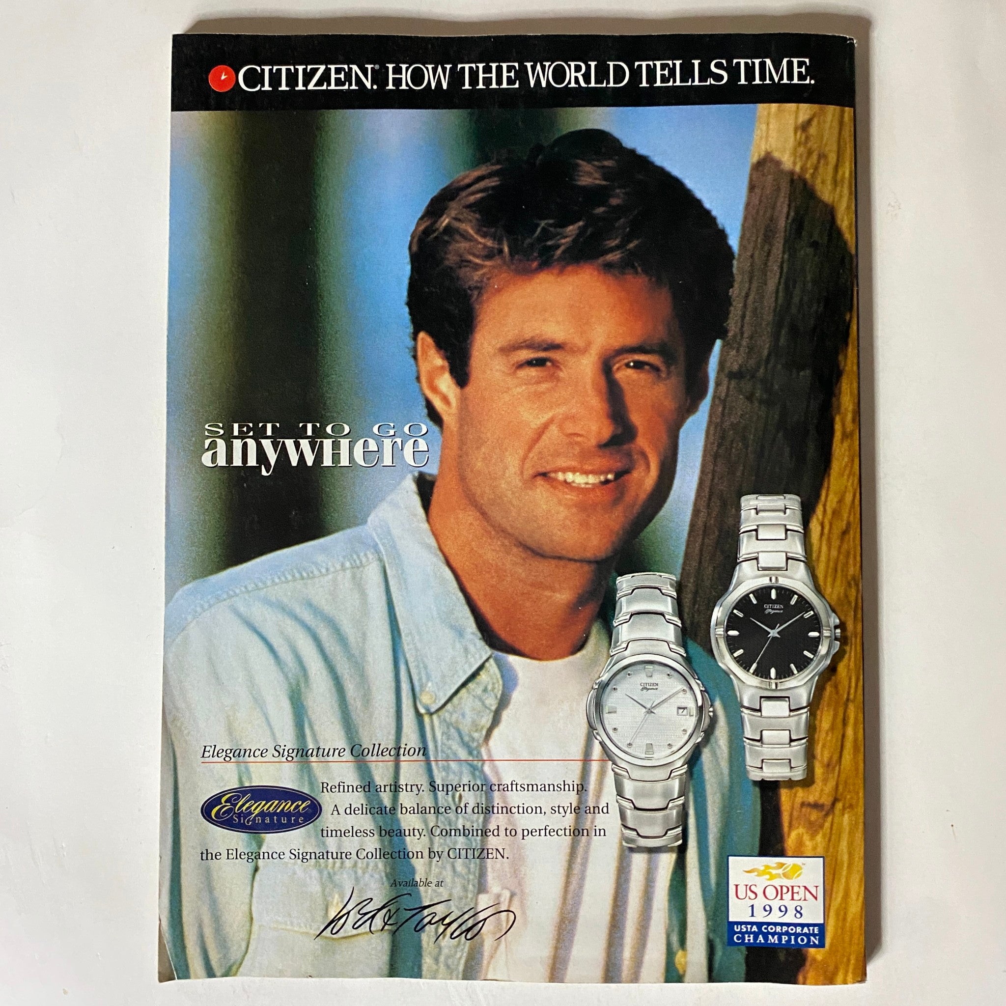 Advertisement page from Tennis Magazine September 1998 Vol 34 No. 5 showcasing Citizen watches with a model, emphasizing the elegance and style.
