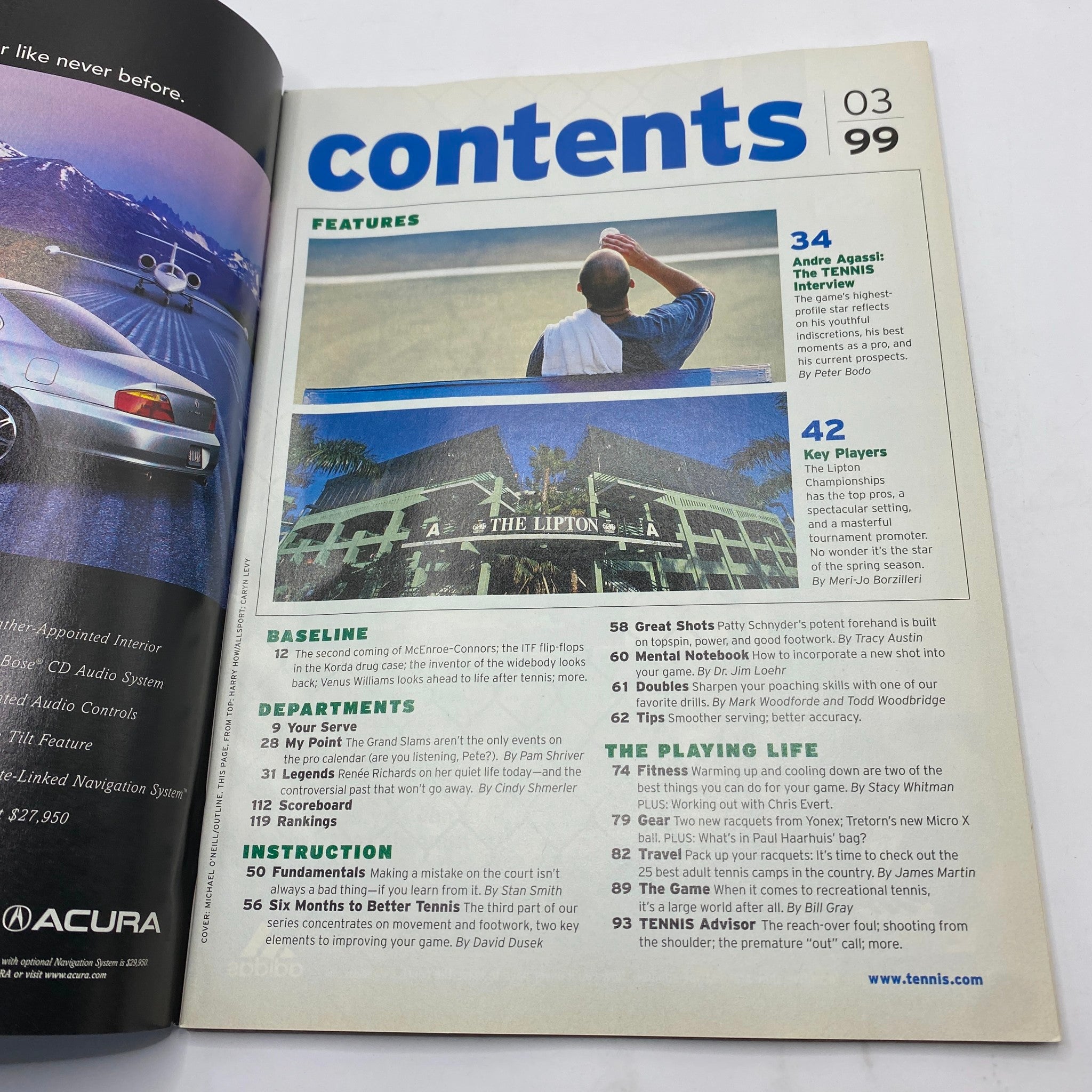 Contents page of Tennis Magazine March 1999, outlining featured articles including an interview with Andre Agassi, providing a glimpse into the magazine's content related to tennis.