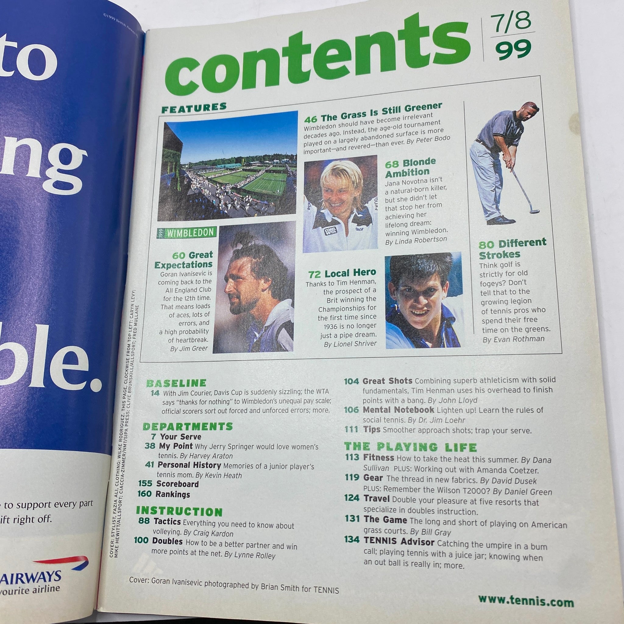 Contents page of Tennis Magazine July-August 1999, showcasing features on Wimbledon, player profiles, and tennis strategies.