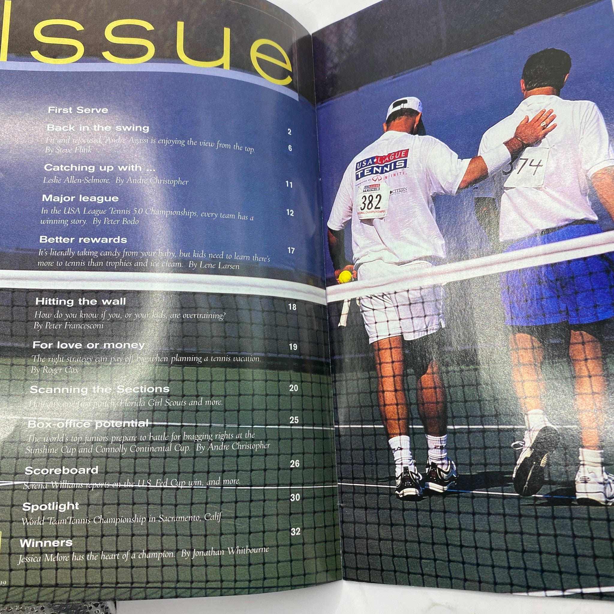 Inside page of USTA Tennis Magazine December 1999 outlining key articles and features, including insights on tennis during this significant era.