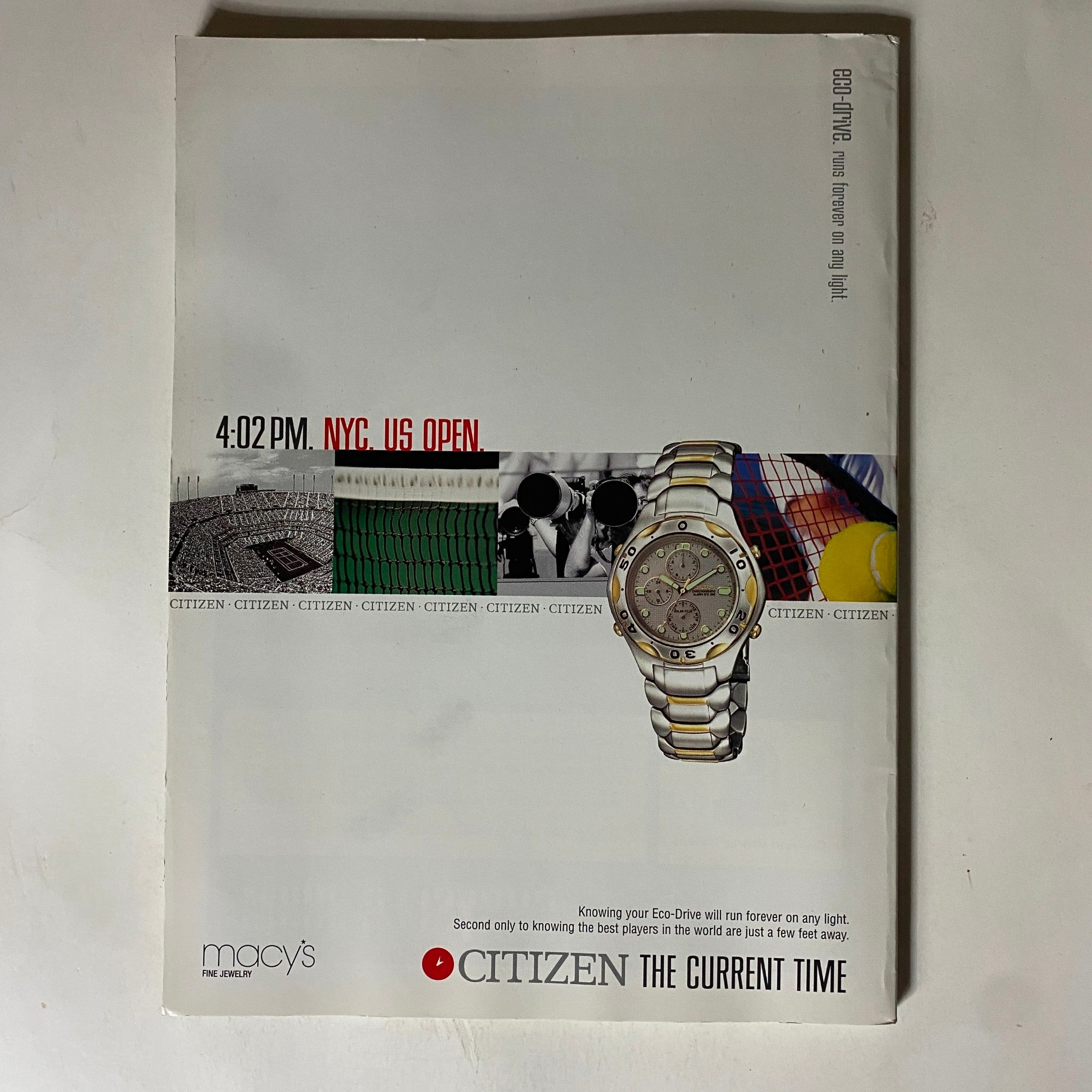 Back page advertisement from Tennis Magazine September 1999, promoting Citizen watches in a minimalistic design, linking the product to the US Open.