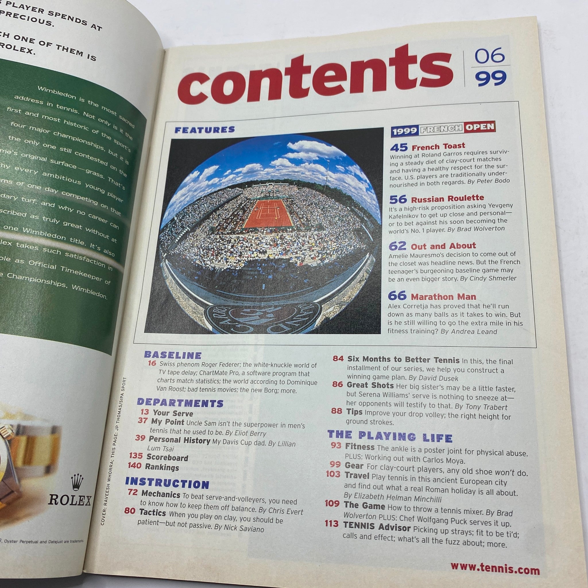 Contents page from Tennis Magazine June 1999, detailing featured articles including coverage of the French Open and player rankings.