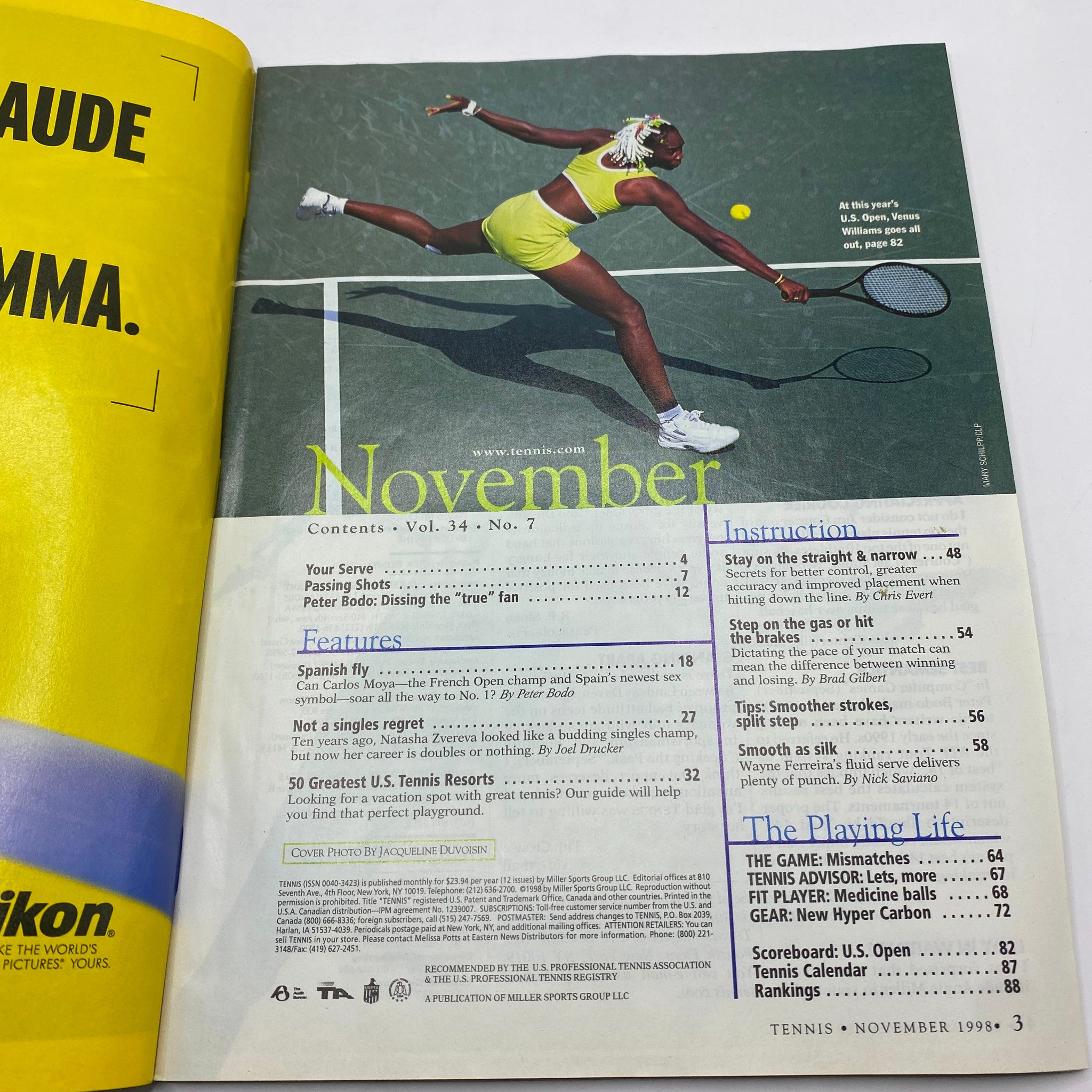 Tennis Magazine November 1998 featuring Venus Williams and contents overview on the left side, showcasing tennis articles and features from the issue.