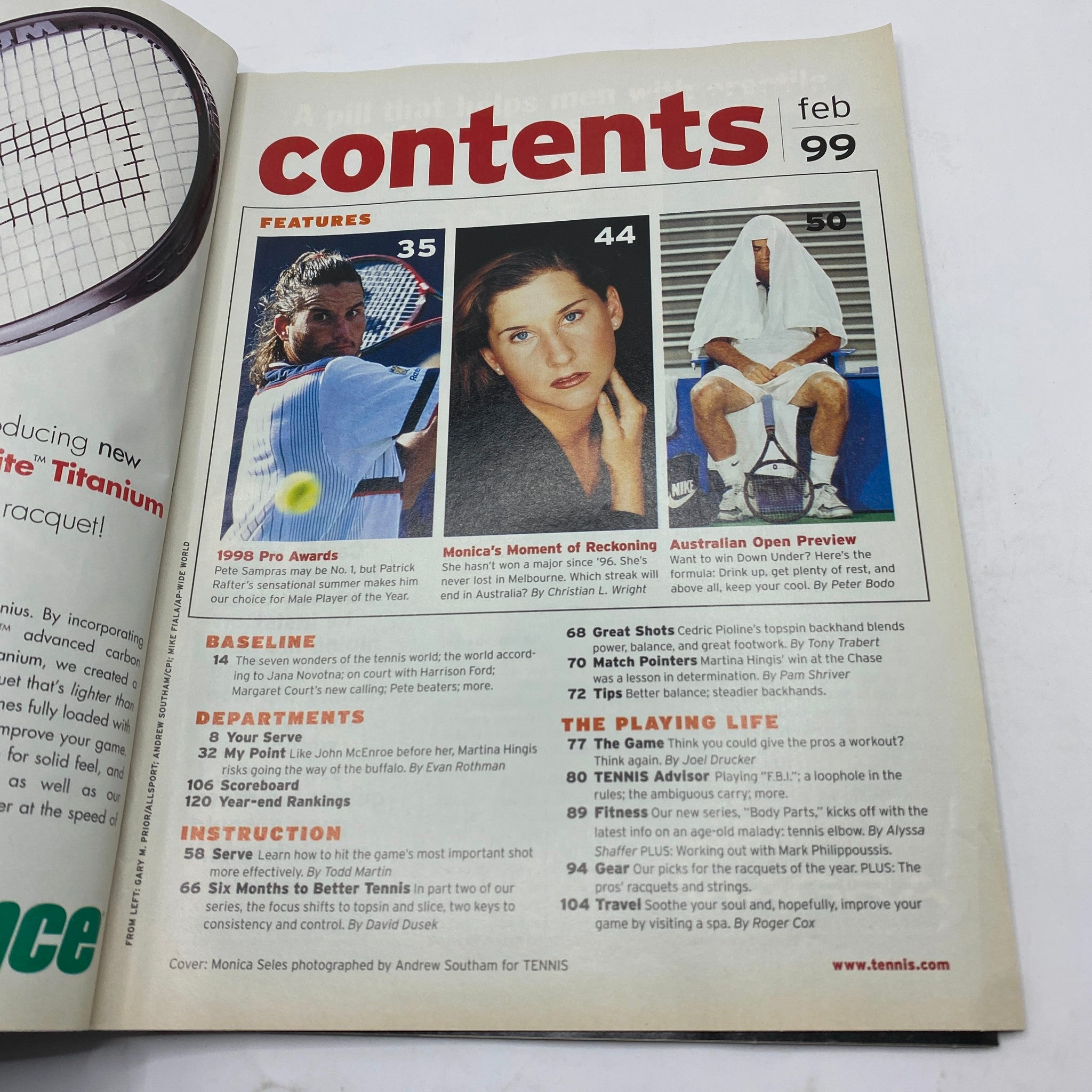 Contents page of Tennis Magazine February 1999 highlighting features including Monica Seles' Moment of Reckoning and the 1998 Pro Awards, showcasing key articles and noteworthy tennis events.