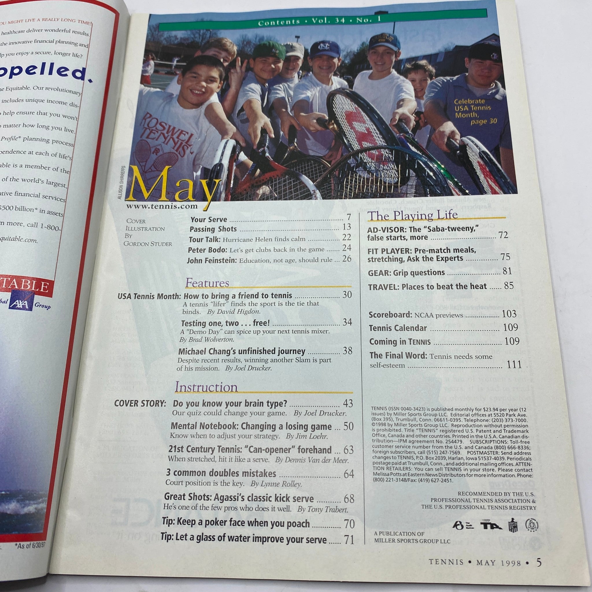 Contents page of Tennis Magazine May 1998, detailing feature articles including USA Tennis Month and Michael Chang's unfinished journey.