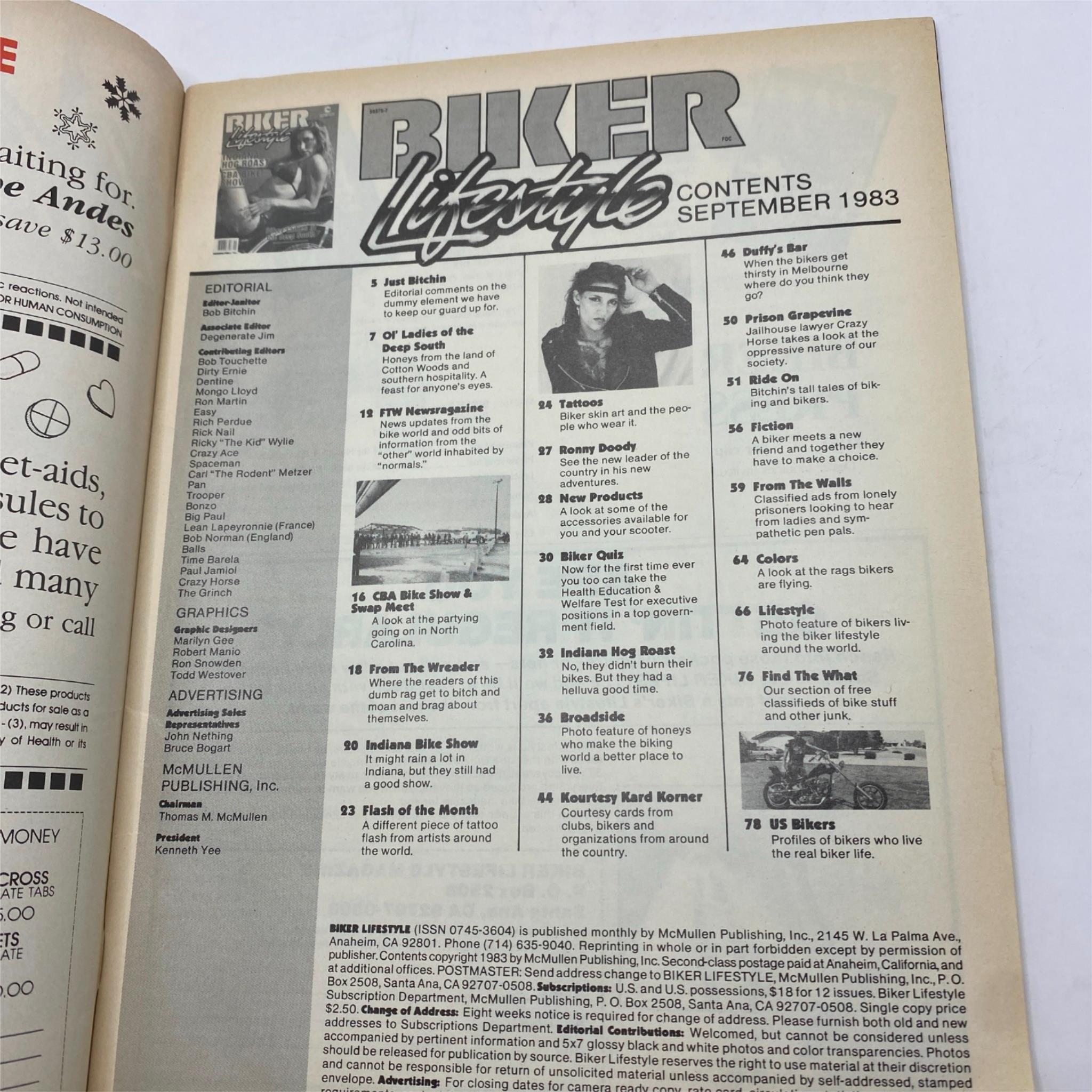 Contents page of VTG Biker Lifestyle Magazine September 1983 Vol 3 No. 9 outlining various articles including features on the CBA Bike Show and the Indiana Hog Roast.