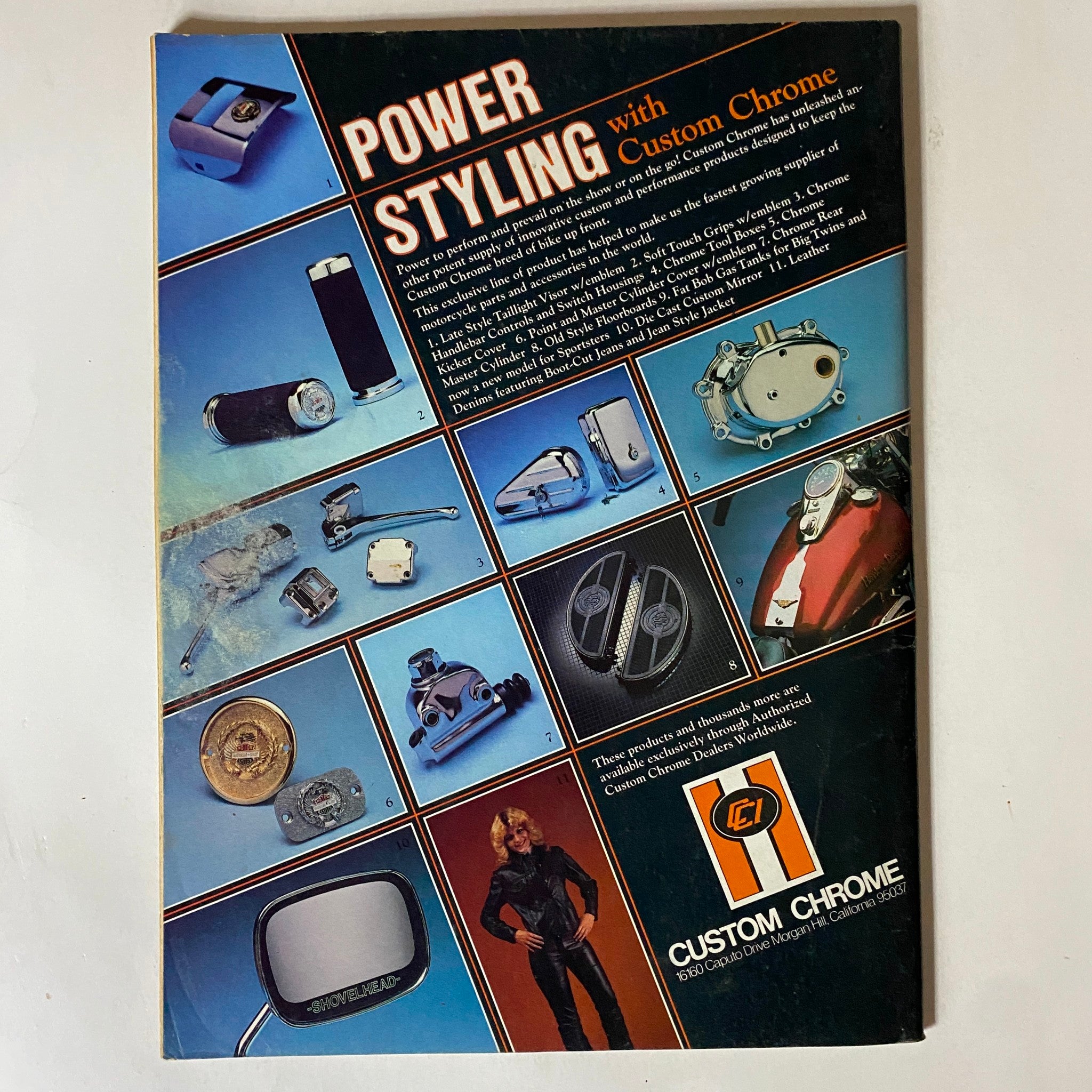 Back cover of Iron Horse Magazine August 1983 Vol 5 No. 35, featuring Custom Chrome products and accessories for custom motorcycles.