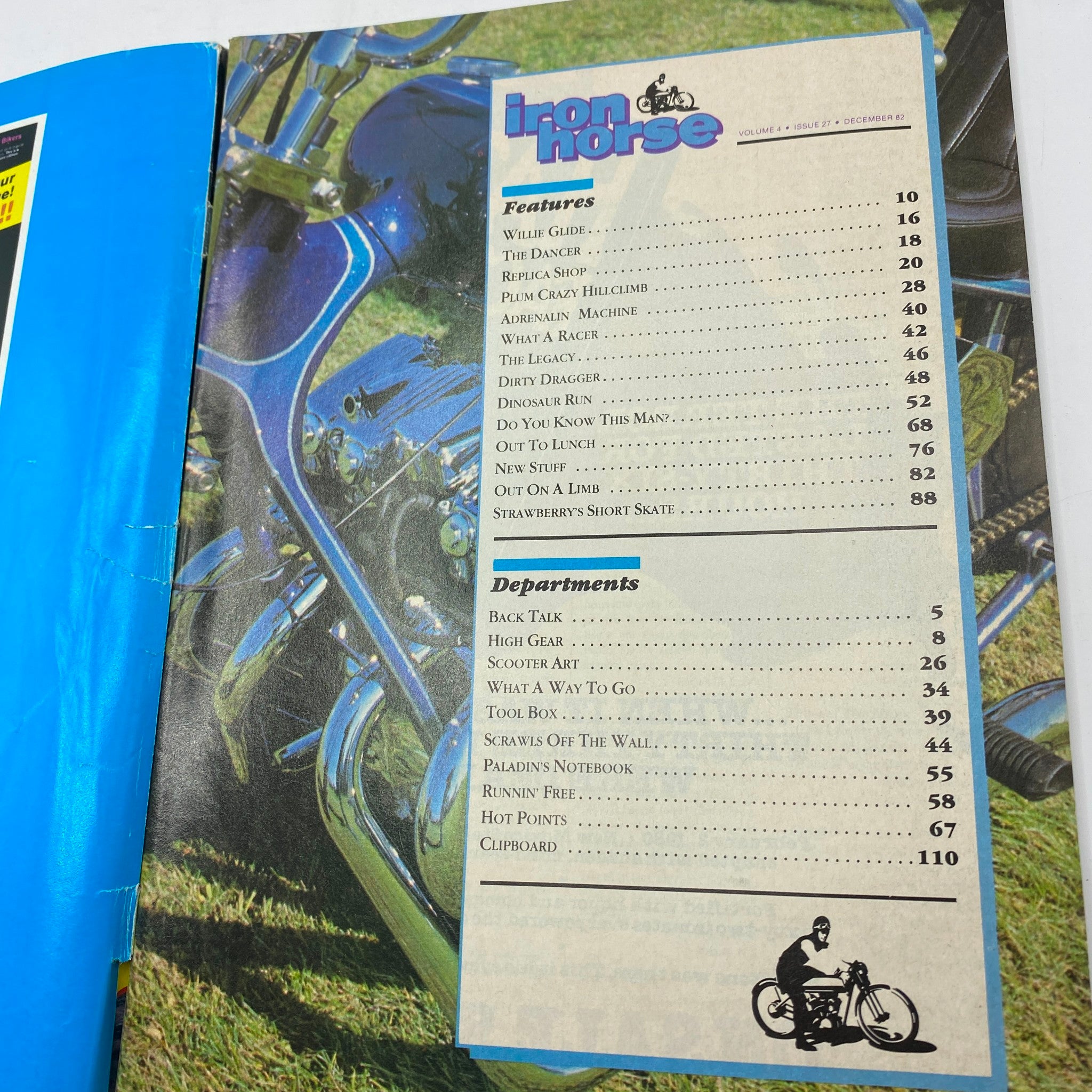Contents page of Iron Horse Magazine, December 1982, detailing features and departments including 'Willie Glide' and 'High Gear' from the issue titled 'Old Time British Iron'.