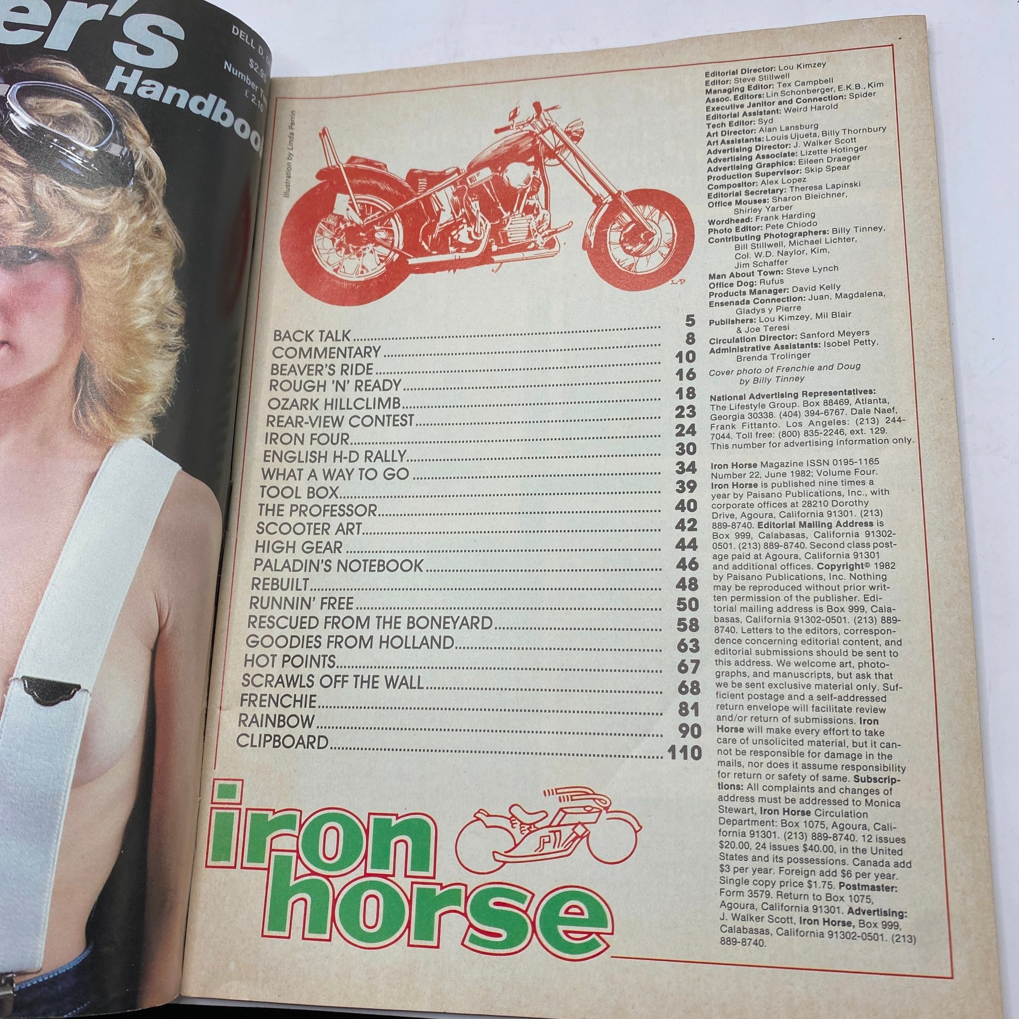 Table of contents from VTG Iron Horse Magazine June 1982, detailing articles and features including 'Ozar Hill Climb', motorcycle rallies, and outdoor adventures.