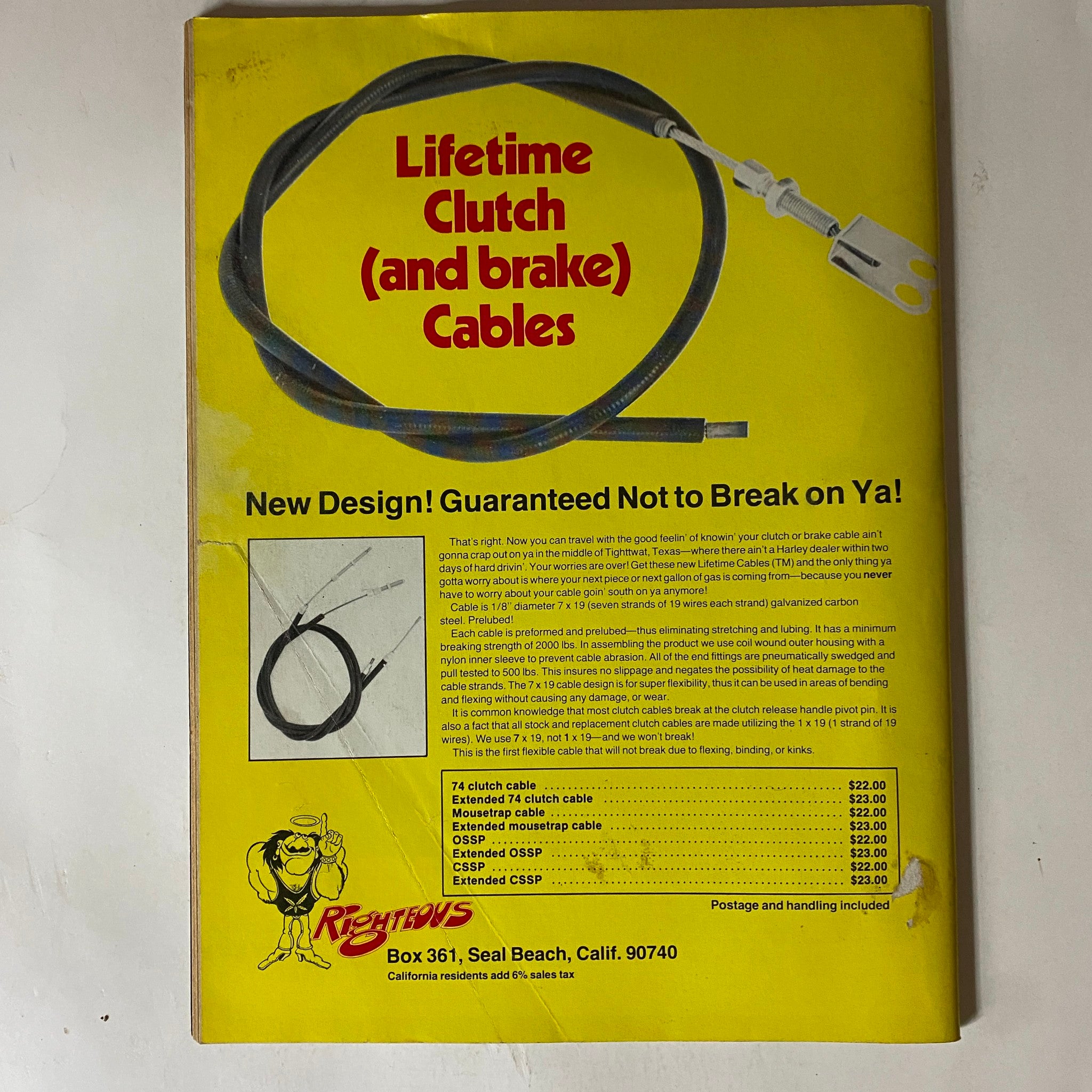 Back cover of VTG Iron Horse Magazine June 1982 promoting Lifetime Clutch and Brake Cables, highlighting motorcycle accessories and repair information.