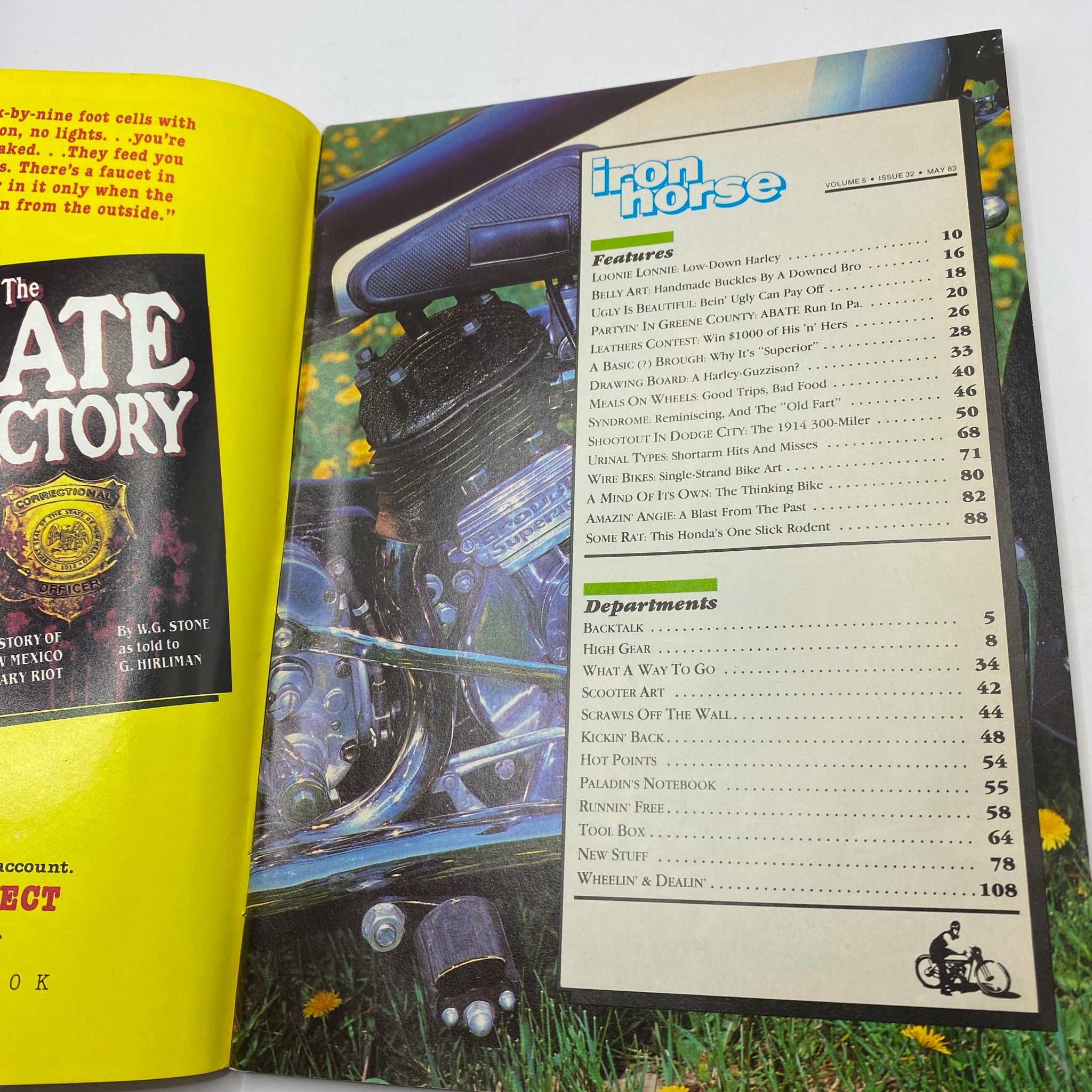 Iron Horse Magazine May 1983 Vol 5 No. 32 page showing the table of contents featuring articles on Harley motorcycles, rural lifestyle, and vintage motorcycle culture.