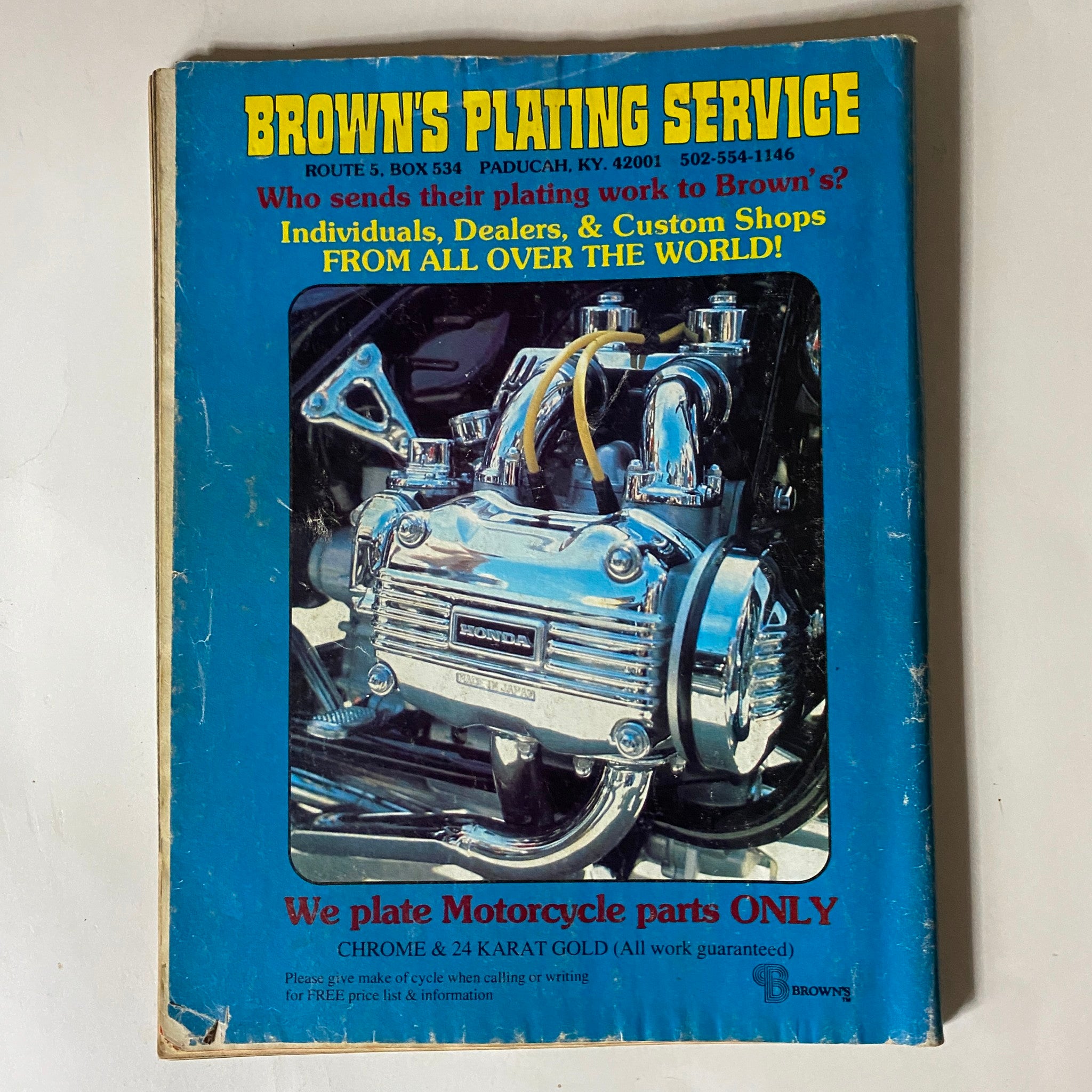 Back cover of Vintage Iron Horse Magazine October 1980 featuring an advertisement for Brown's Plating Service, highlighting motorcycle parts plating.