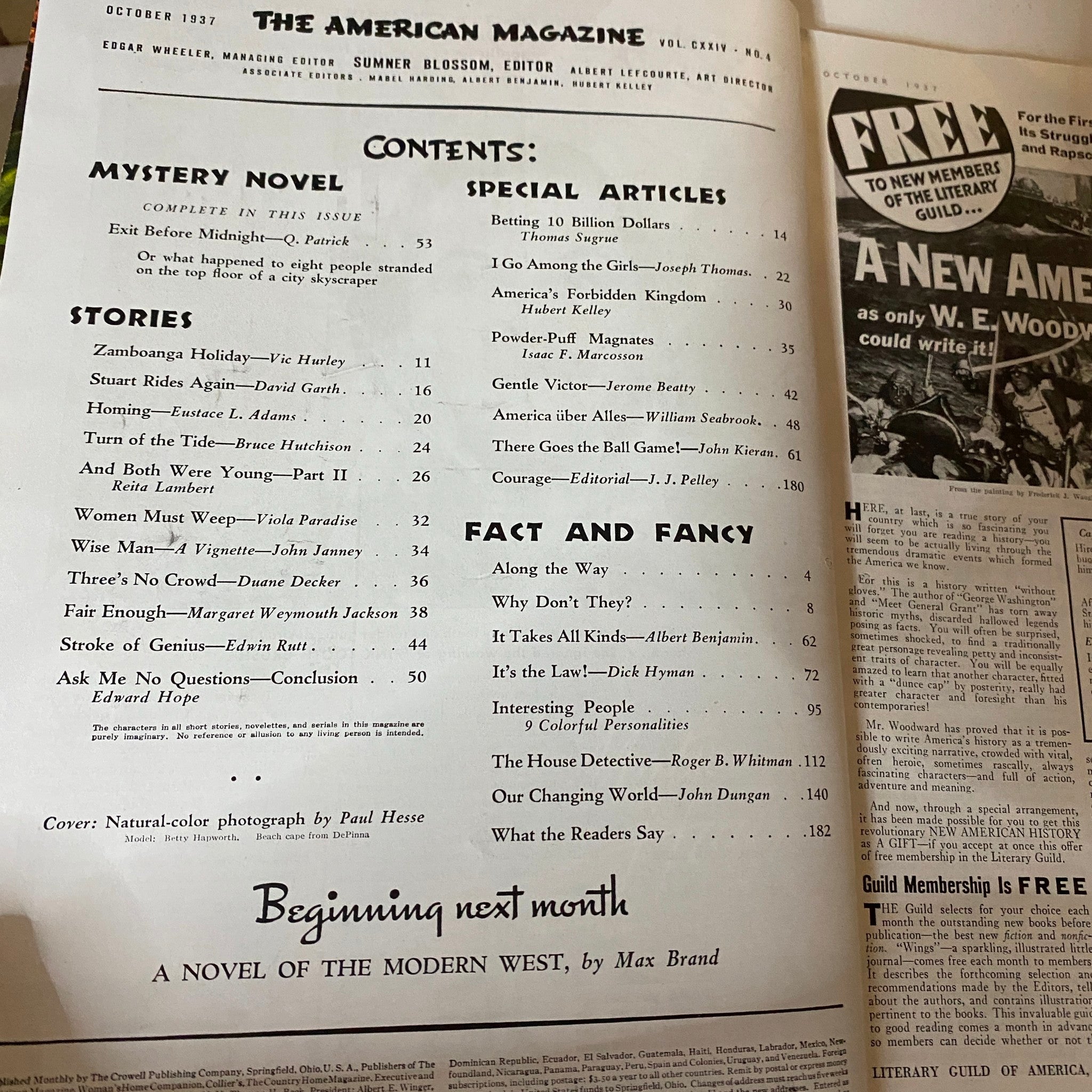 VTG The American Magazine October 1937 Betty Hapworth Cover