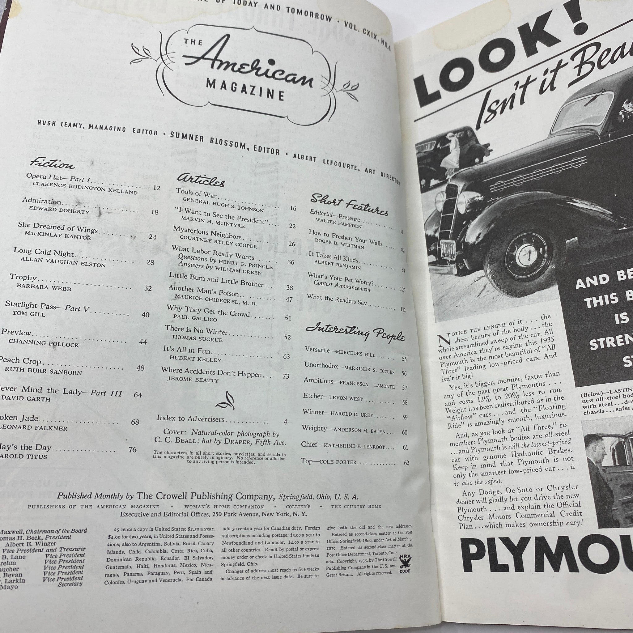 Interior page of VTG The American Magazine April 1935, displaying the table of contents, highlighting various articles and features reflecting the cultural landscape of the era.