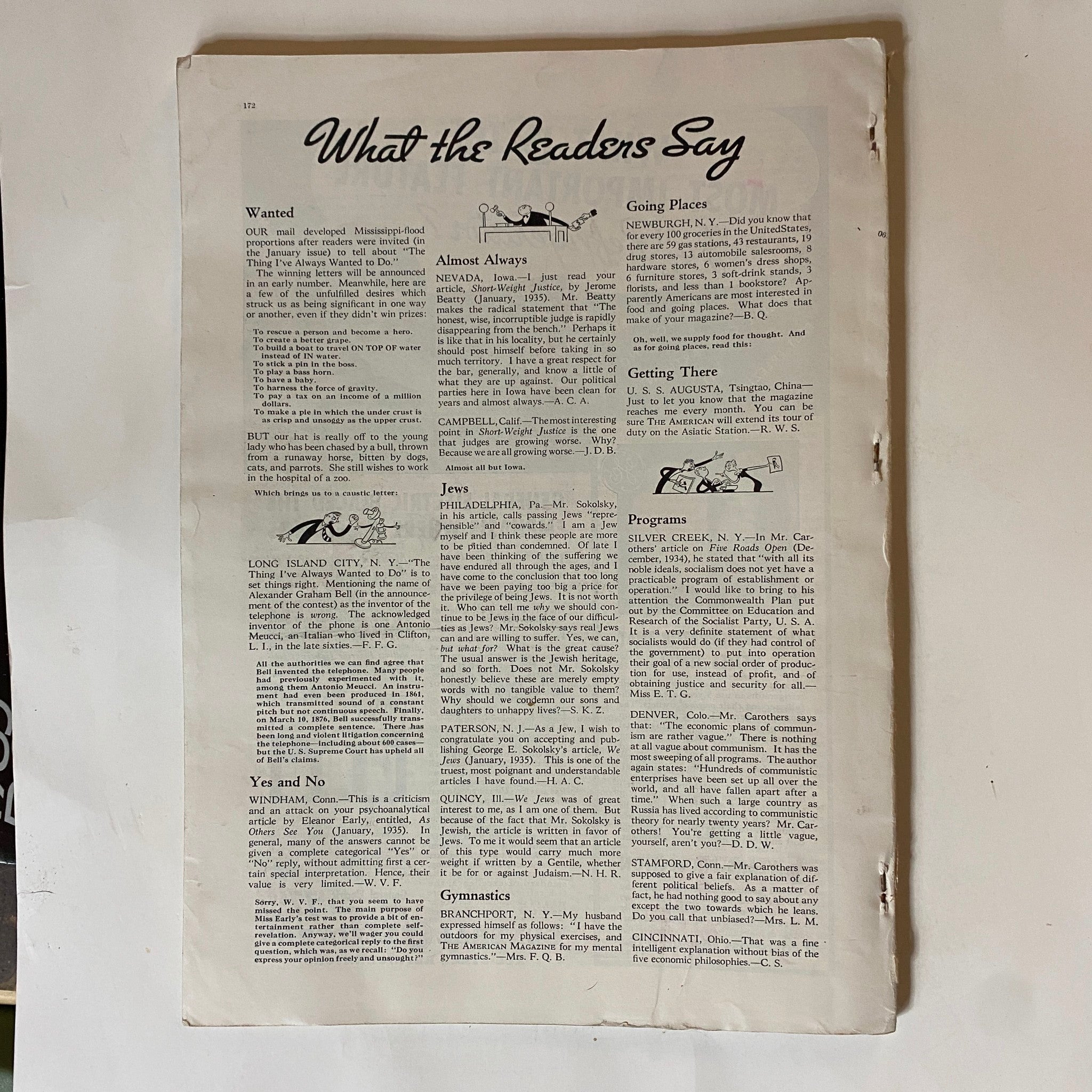Interior page from VTG The American Magazine April 1935 featuring a section titled 'What the Readers Say', showcasing reader contributions, advice, and programs, reflecting the cultural landscape of the 1930s.
