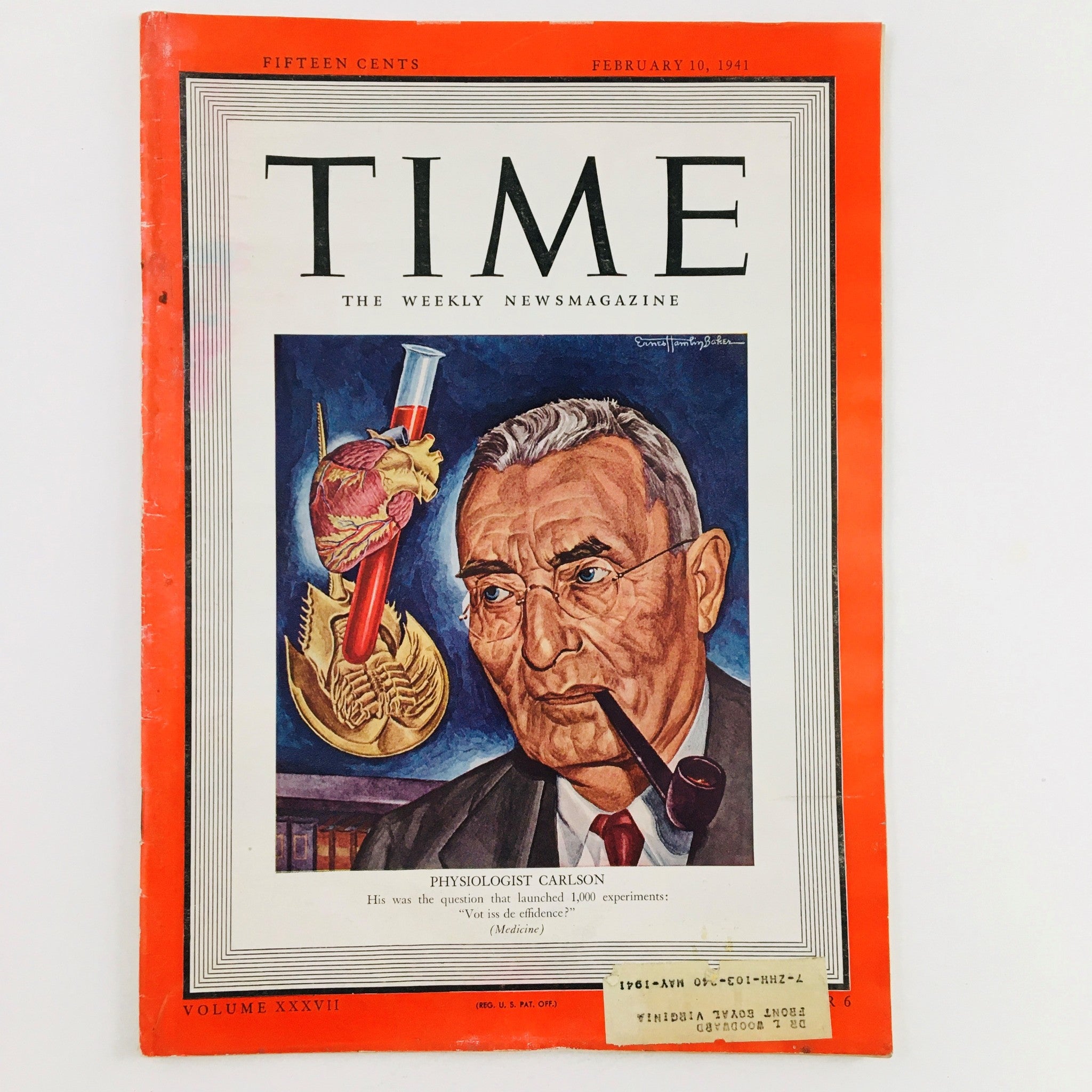 VTG Time Magazine February 10 1941 Vol. 37 No. 6 Physiologist Doctor Carlson