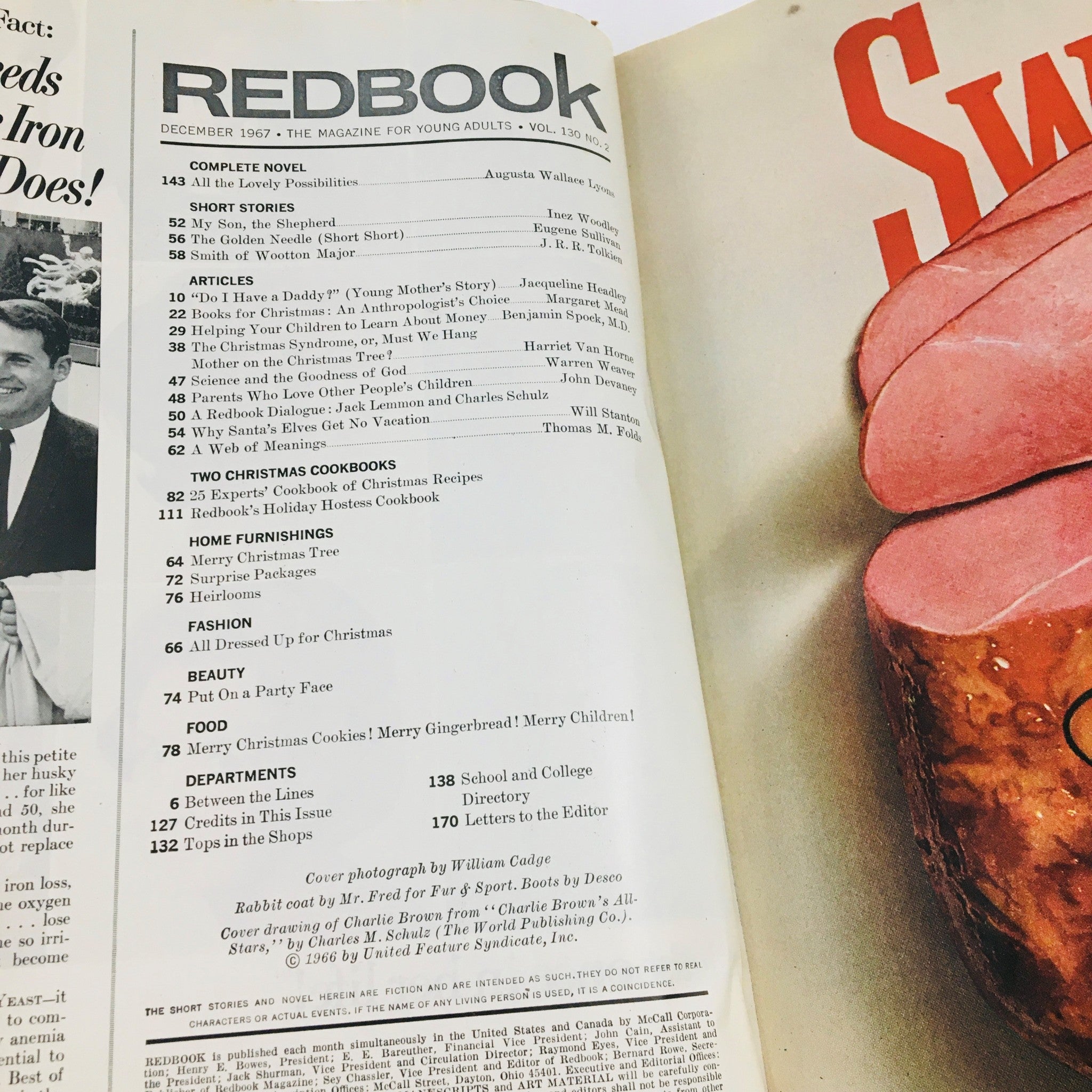 Contents of Redbook Magazine December 1967, featuring a list of articles, short stories, and special features curated by Margaret Mead, alongside vintage illustrations and advertisements.