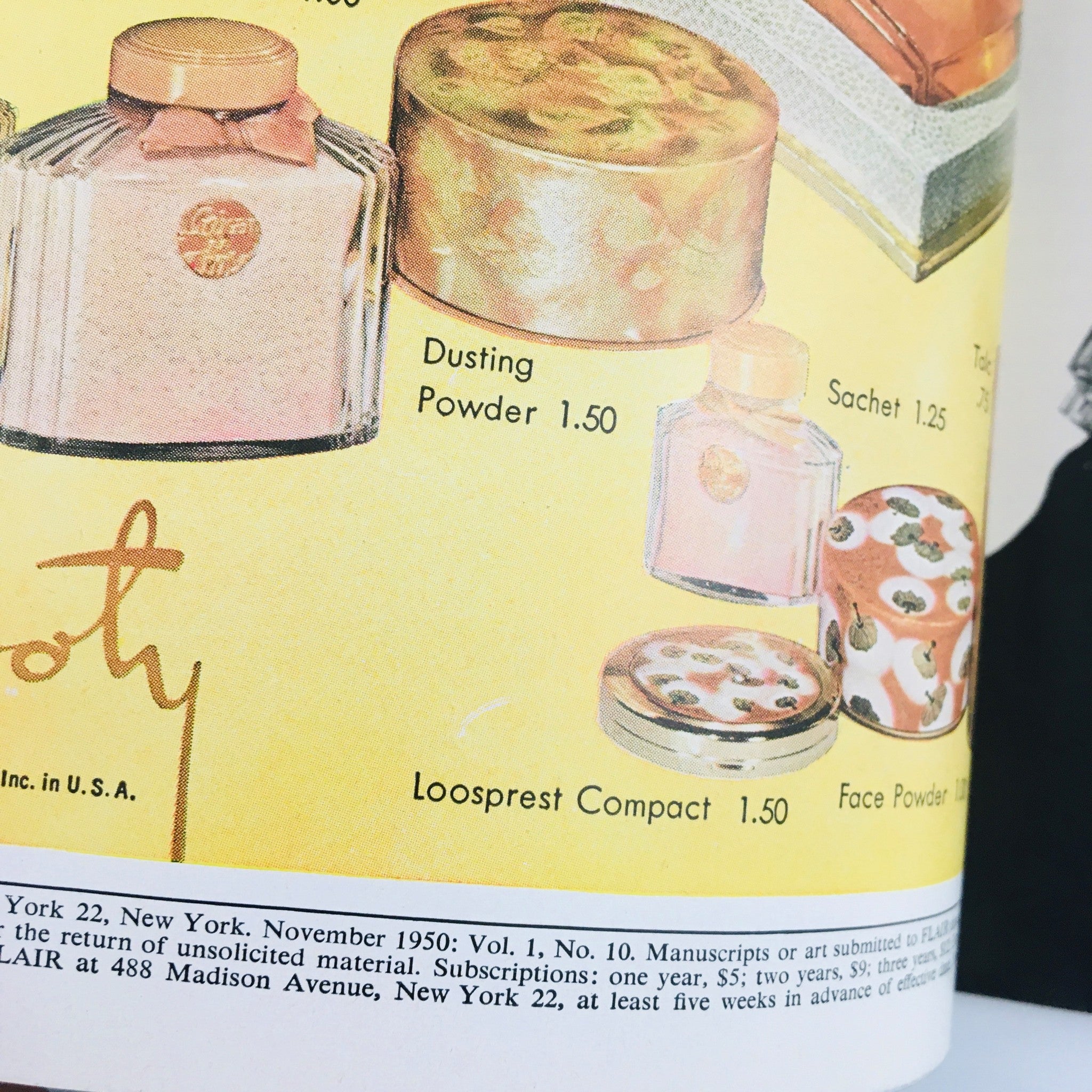 Close-up of vintage advertisement page from VTG Flair Magazine November 1950 Vol. 1 No. 10 featuring beauty products with prices, highlighting the charm of the era's fashion and lifestyle.